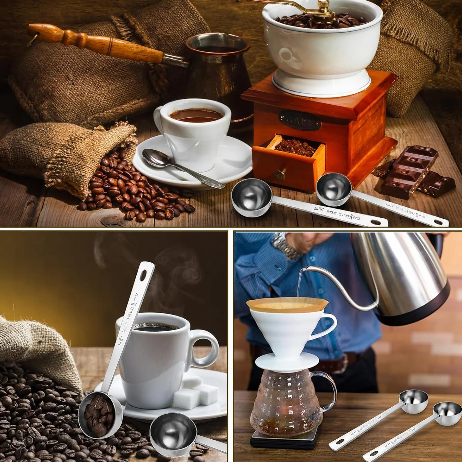 Set di 2 misurini da caffè con manico lungo, in acciaio inox, 1 cucchiaio e 2 cucchiai dosatori da 15 ml e 30 ml, per caffè, latte, frutta in polvere (15 ml e 30 ml)
