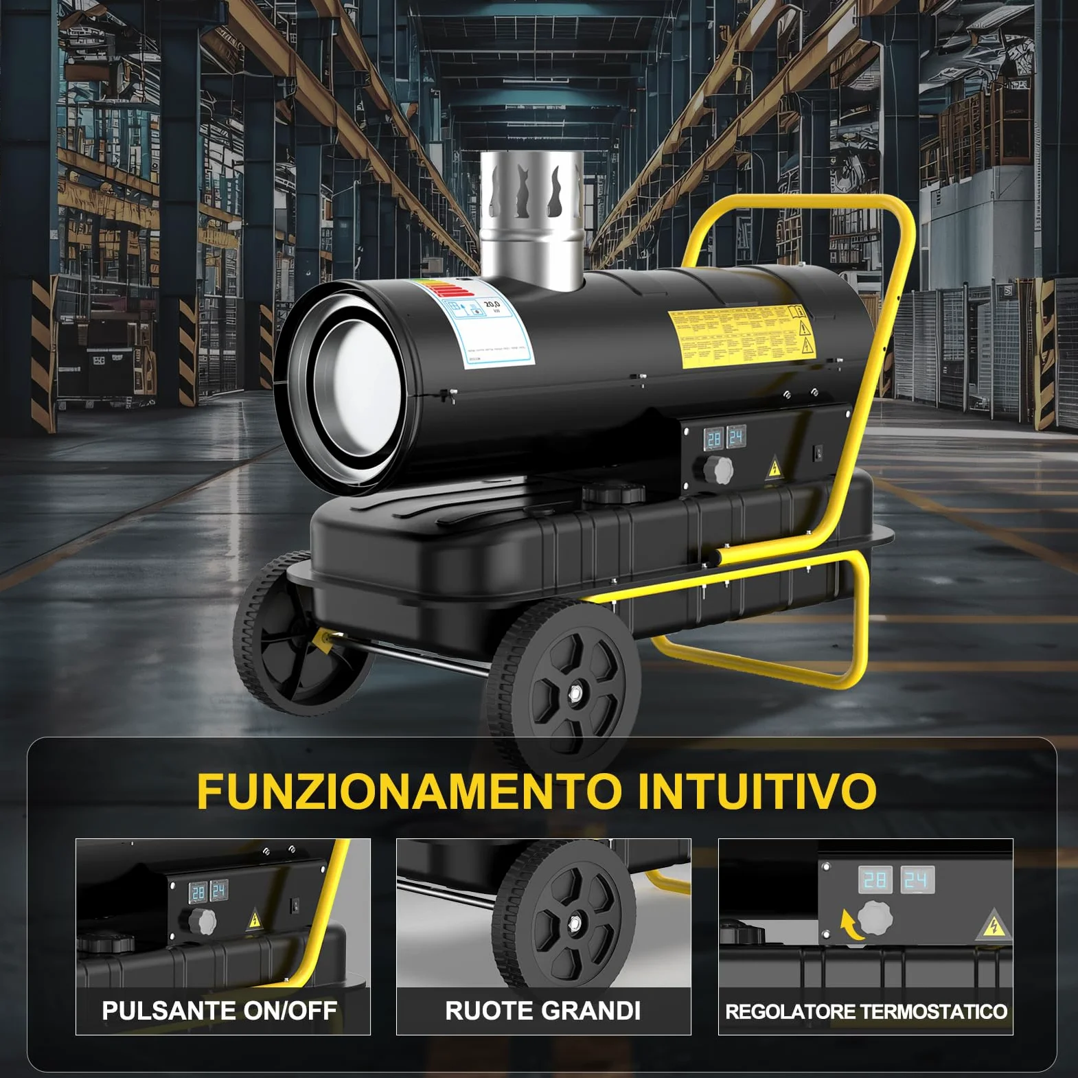Riscaldatore Diesel Indiretto 20 kW - Termoventilatore Industriale - Serbatoio Grande Capienza 38L - Ruote, Termostato Regolabile - Per Officine, Cantieri, Uso Agricolo