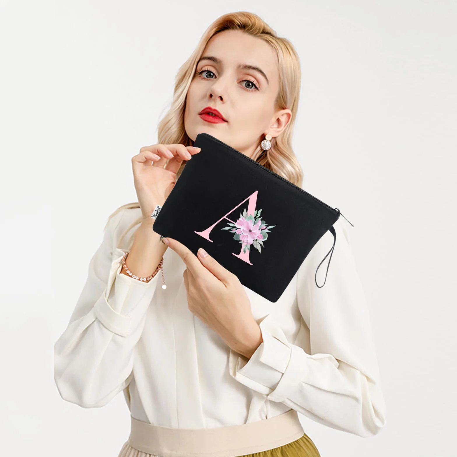 Vavabox Beauty case con iniziali personalizzate dalla A alla Z, regalo di compleanno per donne, regalo per sposa, damigella d'onore (A, 01-Nero)