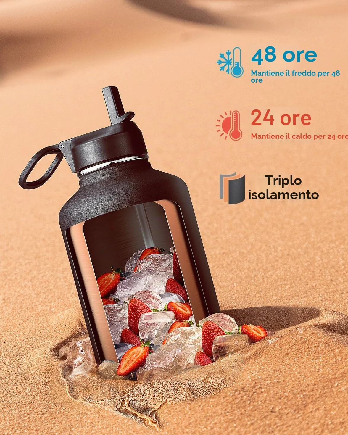 Coolflask Bottiglia D'acqua Isolata 2L con Cannuccia e 3 Coperchi - Doppia Parete Sottovuoto, Nero