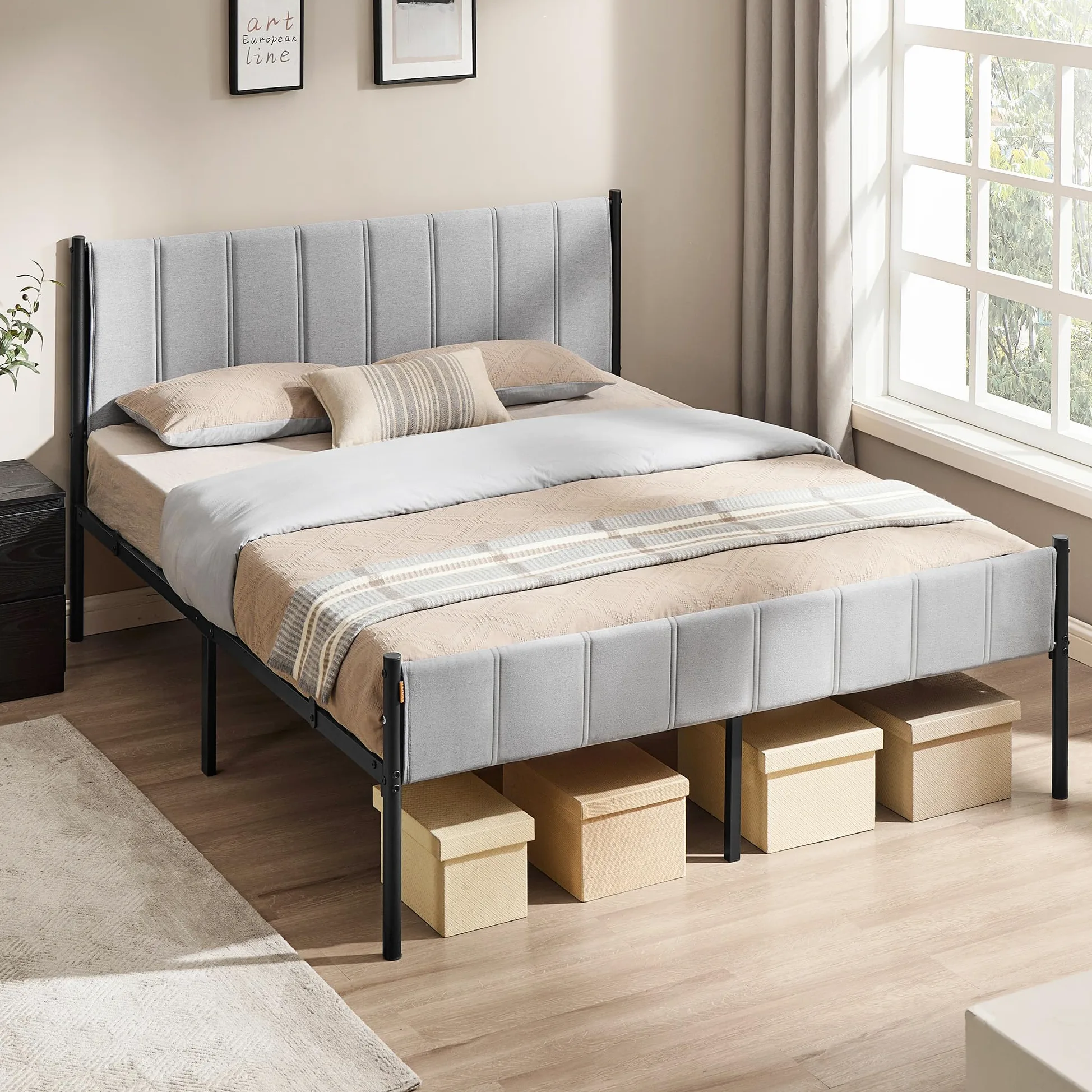 VASAGLE Struttura Letto Matrimoniale, 160 x 200 cm, con Testiera Imbottita, Telaio del Letto, Doghe in Acciaio, Regge fino a 500 kg, Montaggio Facile, Grigio Tortora RMB975G01