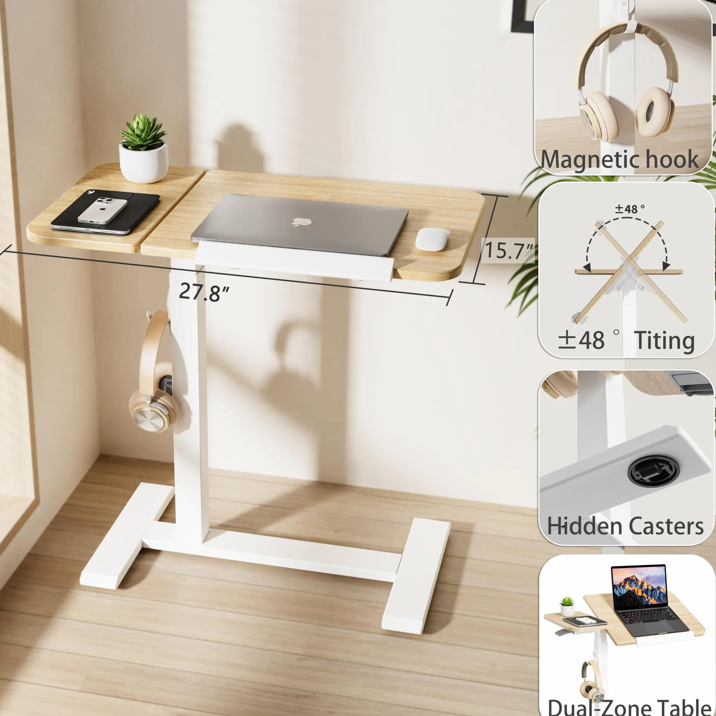 ETHU Tavolo per computer portatile regolabile in altezza, tavolino multifunzione con piano di lavoro inclinabile e ruote incassate, tavolo da letto portatile ergonomico per ufficio e casa (quercia)