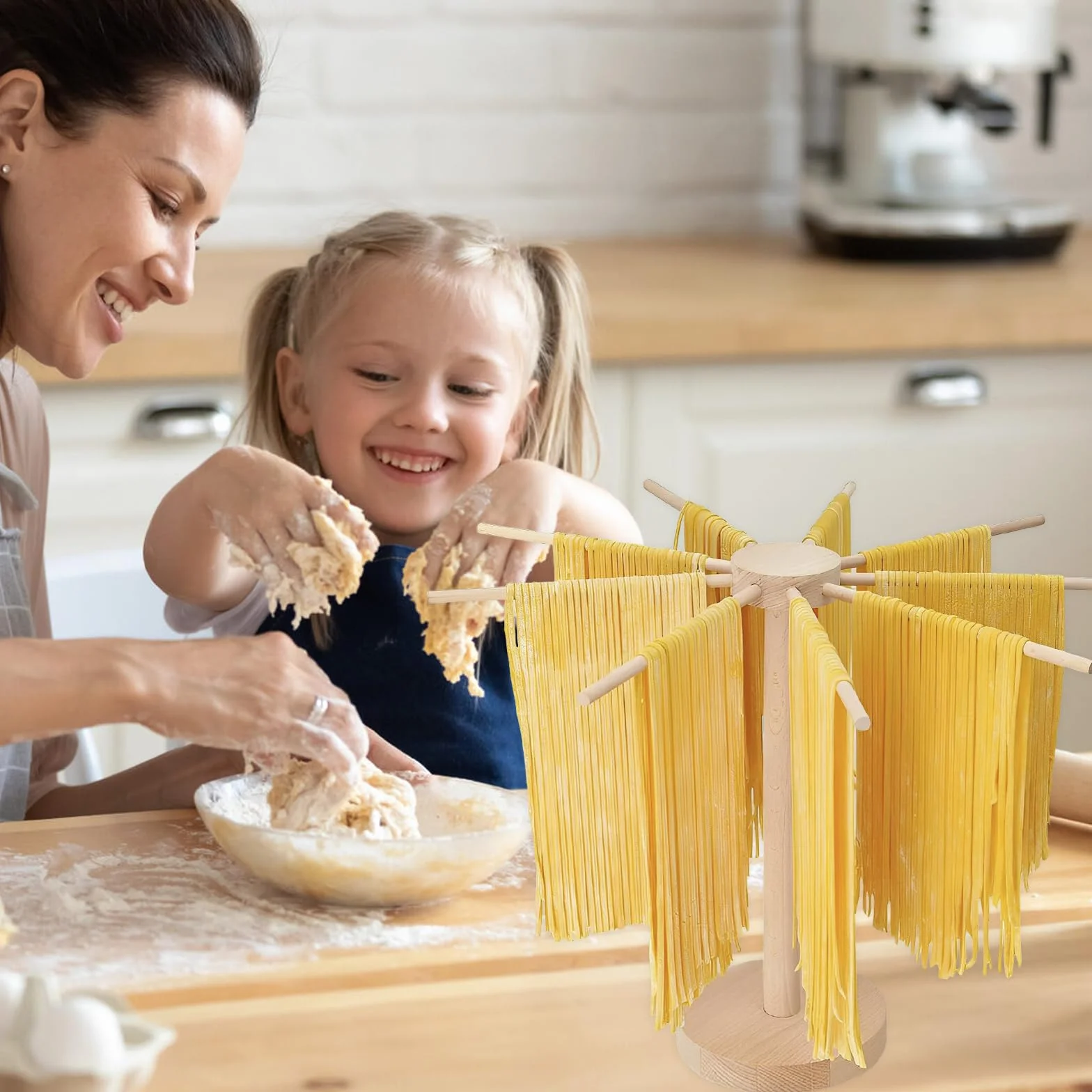 Stendipasta in legno, 46 cm x 40 cm, per pasta fino a 4,5 kg, asciugacapelli con 9 bracci rimovibili, riutilizzabili, per spaghetti (A)