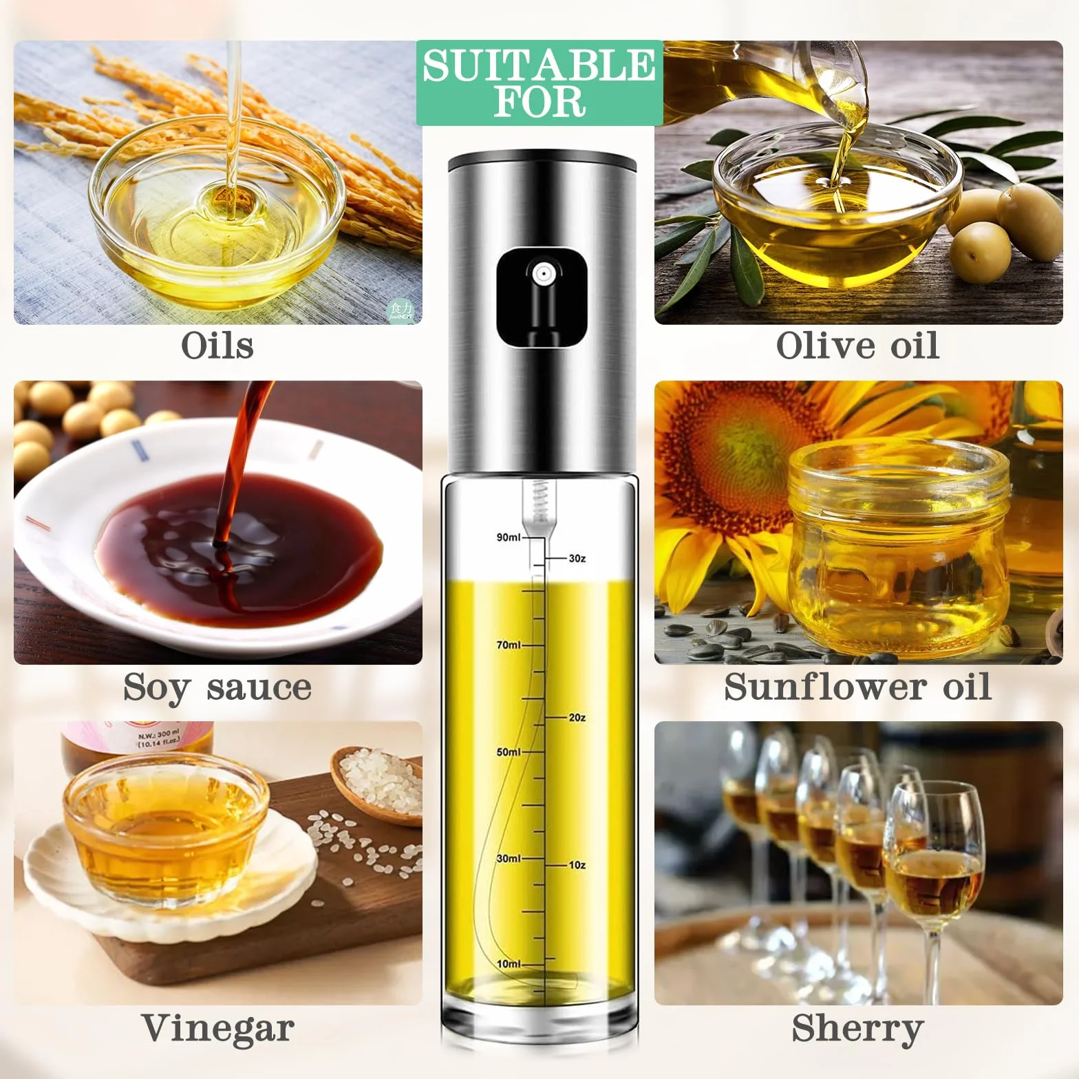 Nebulizzatore Olio 100 ML Acciaio Inossidabile Vetro 2 Pezzi Oliera Spray per Cucina