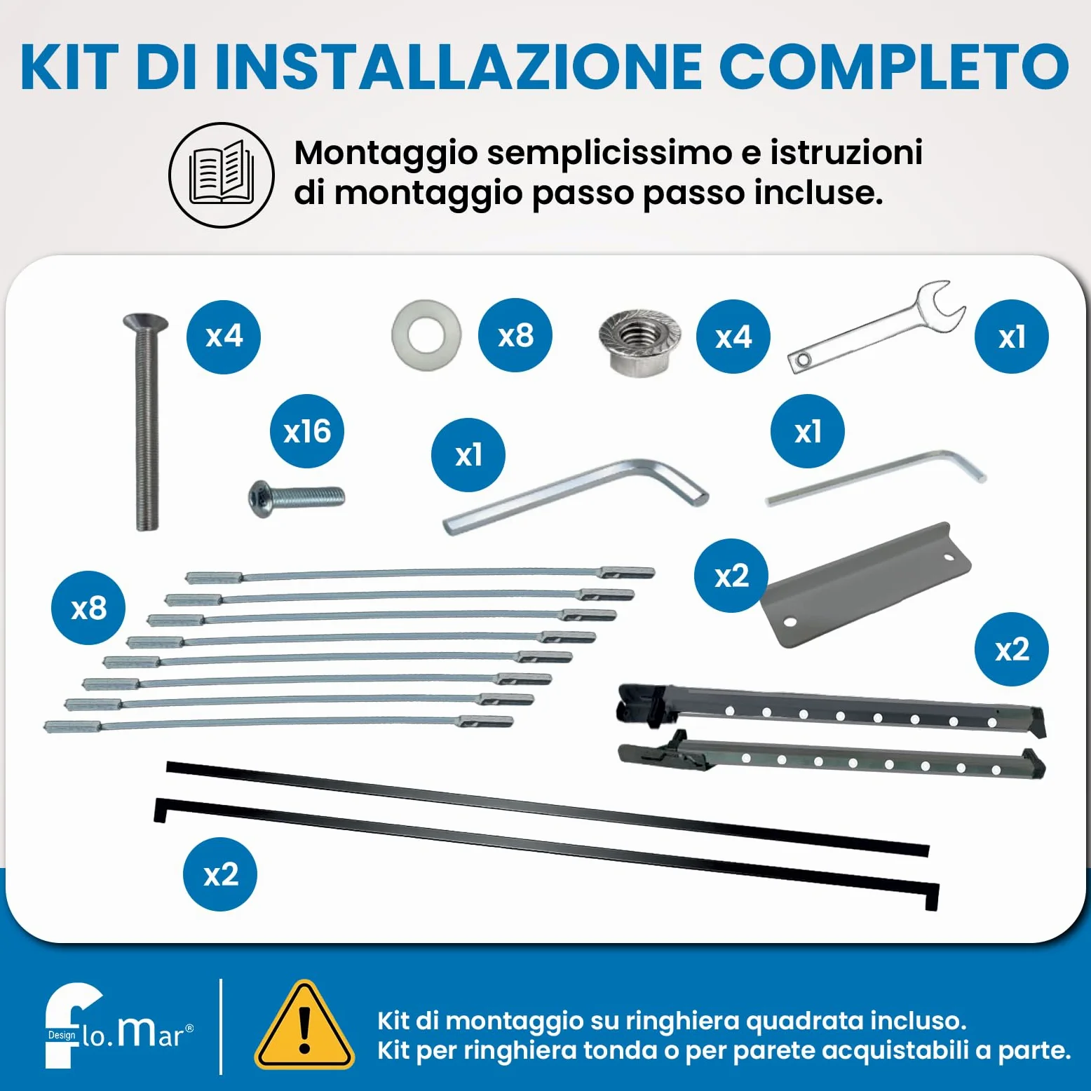 Flo.mar Stendino da Balcone e Parete 150x70 cm - Kit Montaggio Incluso - Stendibiancheria da Esterno Ribaltabile e Salvaspazio in Alluminio - 8 Cavi in Nylon - Stendipanni a Scomparsa (Flip)