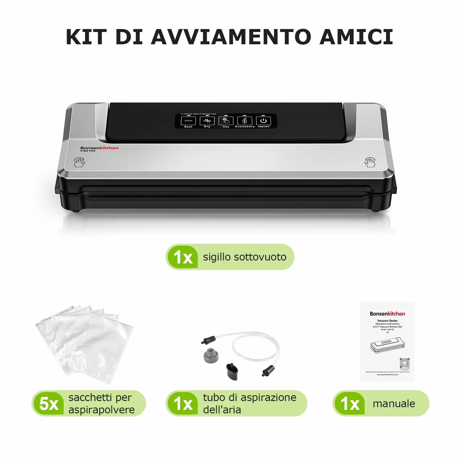 Bonsenkitchen Macchina Sottovuoto per Alimenti 4 in 1, Cottura Sottovuoto e Conservazione, Modalità Vuoto Esterno, 5 Sacchetti