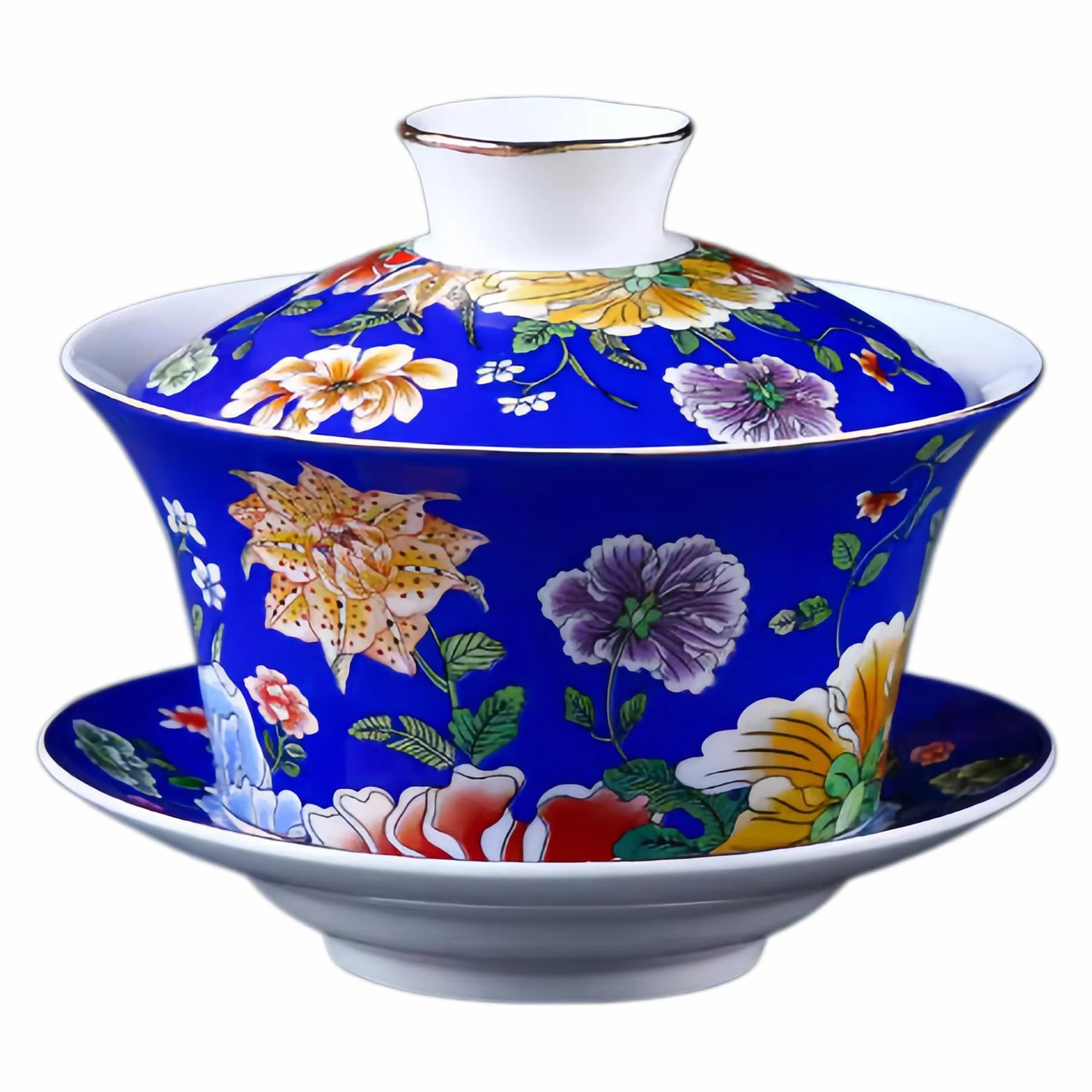 Porcellana Gaiwan Tazza da Tè Cinese con Coperchio e Piattino, Blu Fiori, 300 ml, Set Tè o Caffè