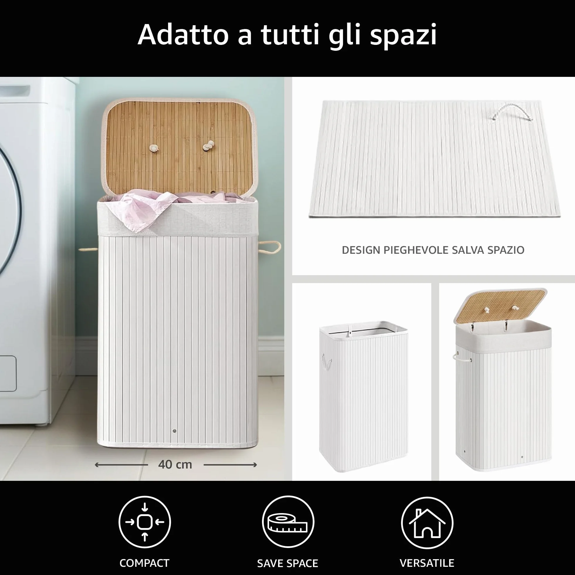 Comart - Portabiancheria Bamboo - 72 L - 1 Scomparto - Cesto Salvaspazio - Pieghevole - con Coperchio e Maniglie - Fodera Interna Rimovibile - Porta Panni e Bucato - per Lavanderia e Bagno - Bianco