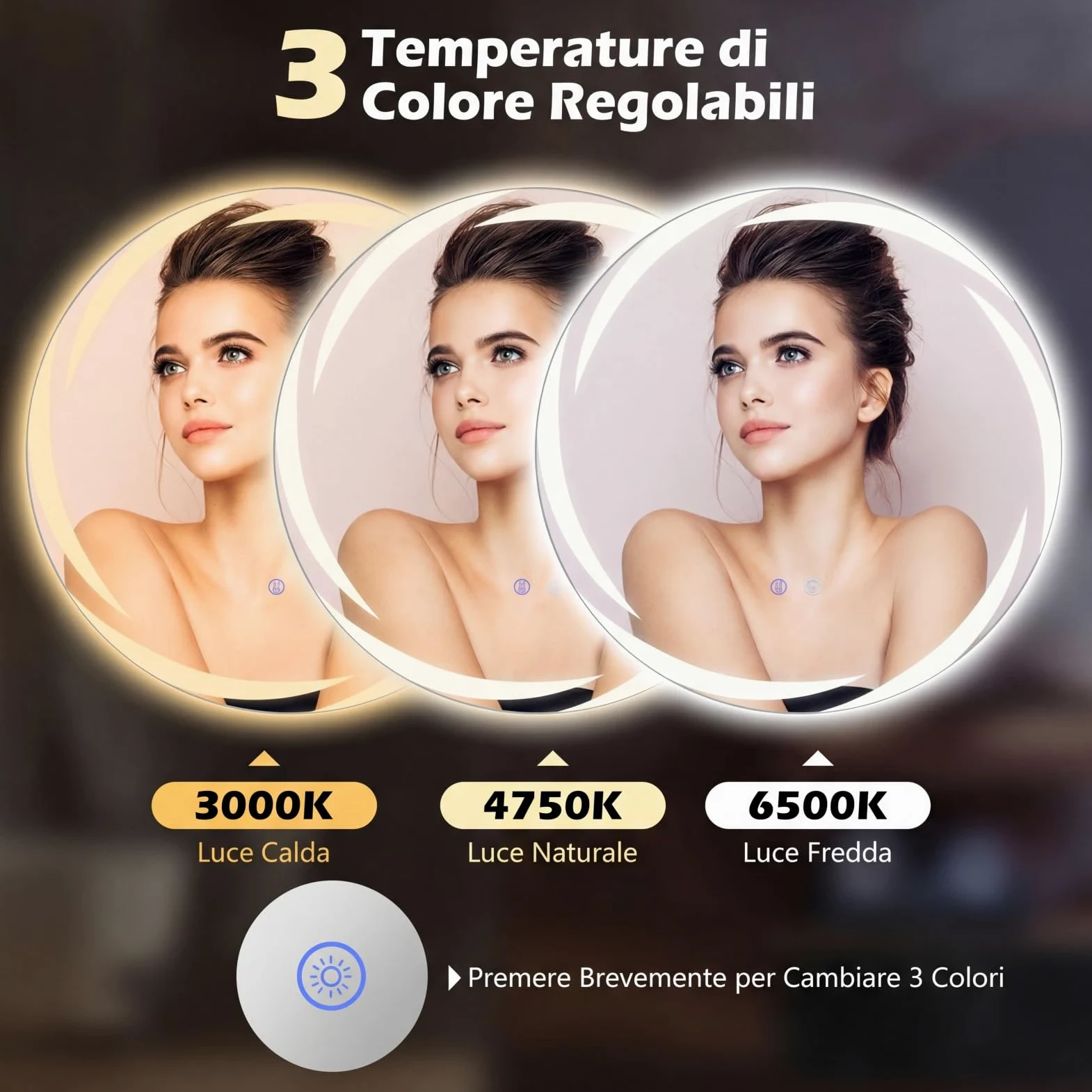 COSTWAY Specchio da Bagno con LED Rotondo 70 cm, Specchio da Parete Retroilluminato Dimmerabile con Vetro Temperato Antideflagrante, Luci a 3 Colori e Antiappannamento, IP44 (70 x 70 cm)