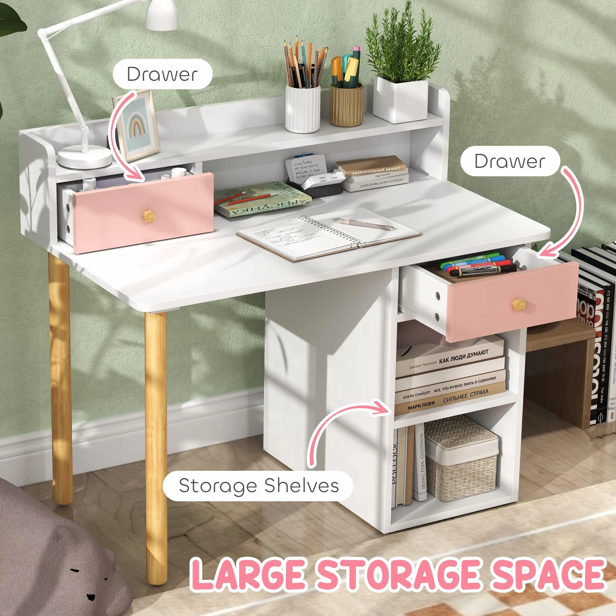 AIYAPLAY Set di scrivania e sedia per bambini, tavolo da studio per bambini con conigliera, portaoggetti, cassetto, scaffali, per studiare, leggere, disegnare, per età 3-8 anni, rosa