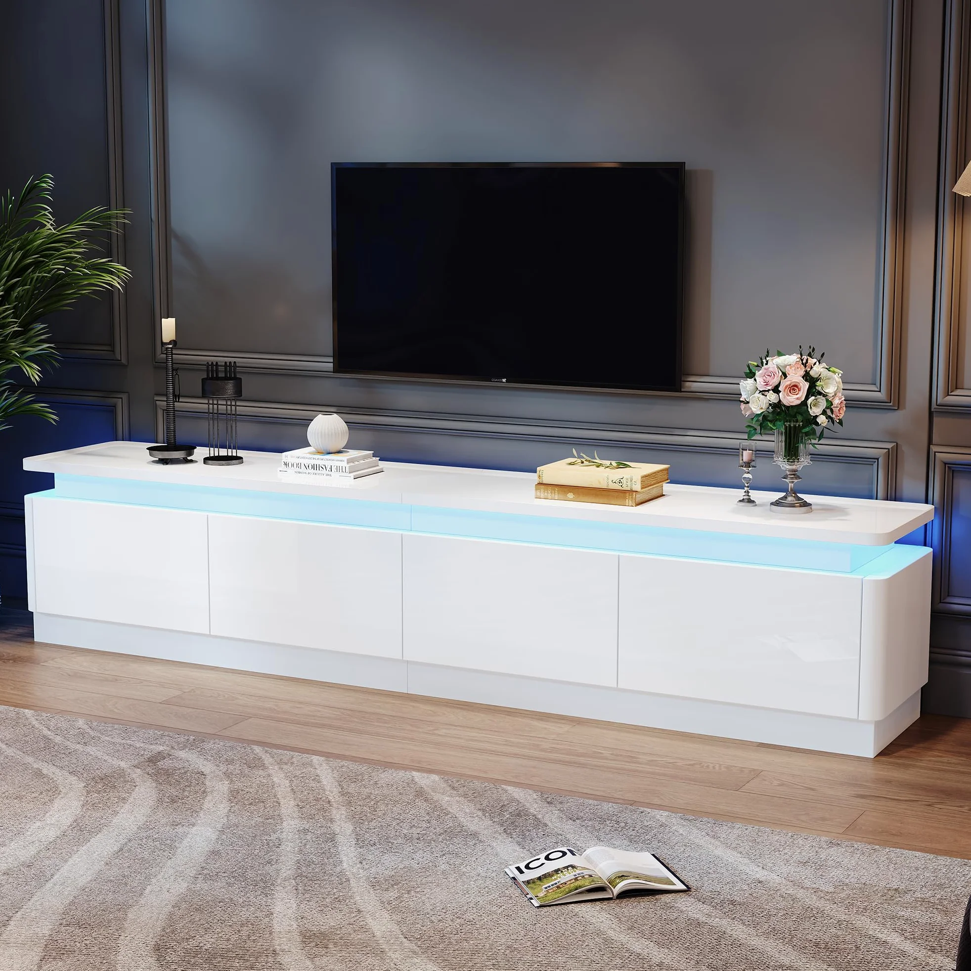 Armadio per TV con 4 cassetti, 180 x 34 x 40 cm, con LED, lucido e tavolo per TV, adatto per TV da 80 pollici (bianco)