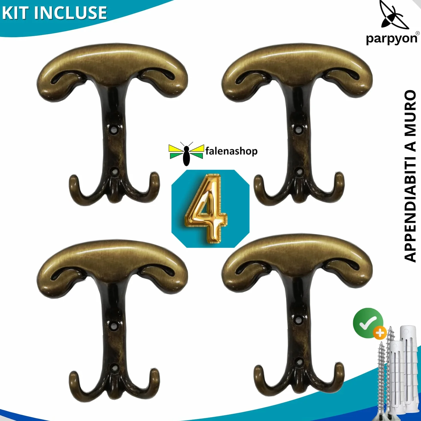 Appendiabiti a Parete 4 Ganci, Porta Asciugamani Bagno, Attaccapanni da Muro Ingresso (BRONZO)