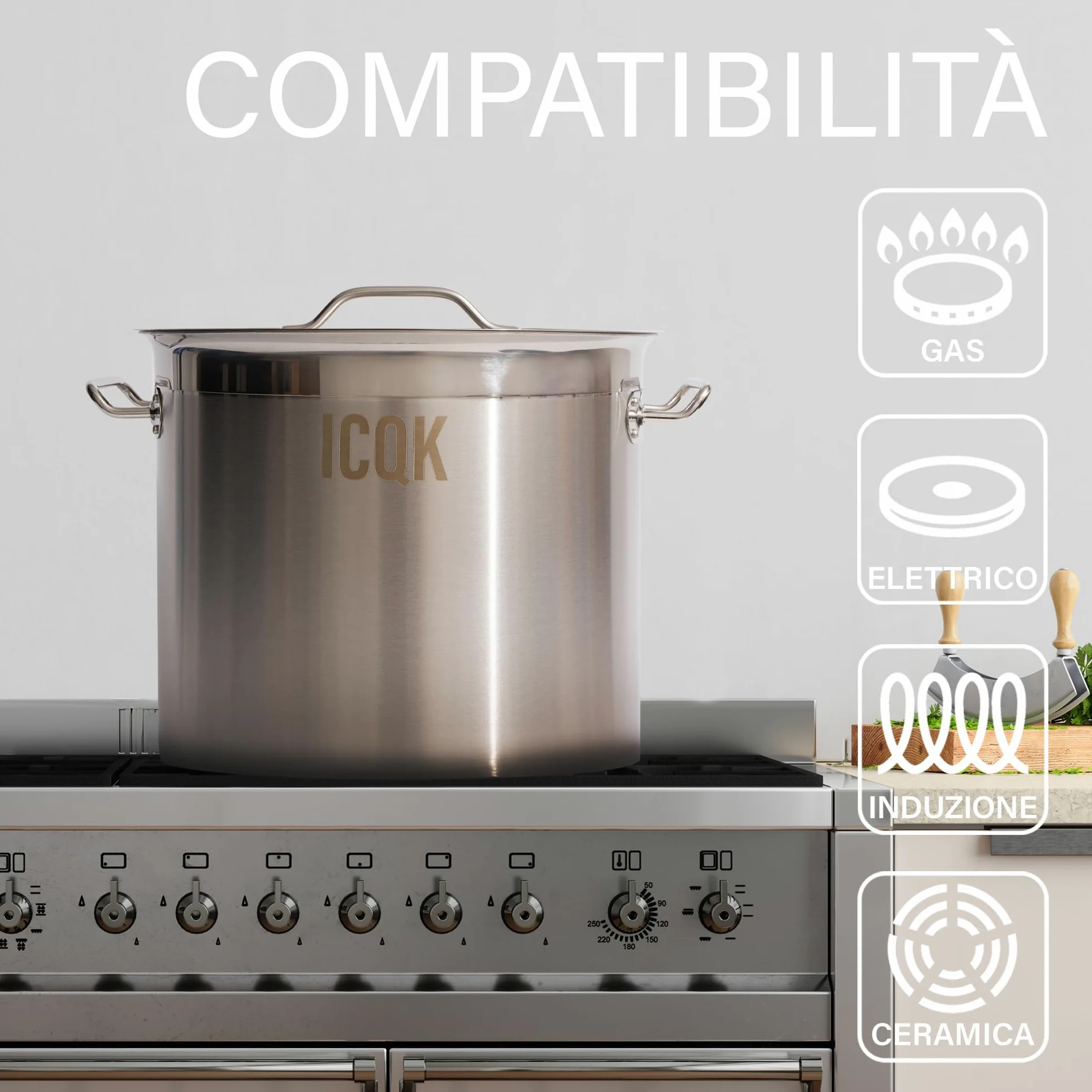 Pentola in Acciaio Inox 50 L, Coperchio Incluso, ⌀40 cm, Con Bordo A Versare, Compatibile con Induzione, Elettrico, Ceramica, Gas, Fondo Triplo Strato, Manici in Acciaio, Assistenza ITALIA