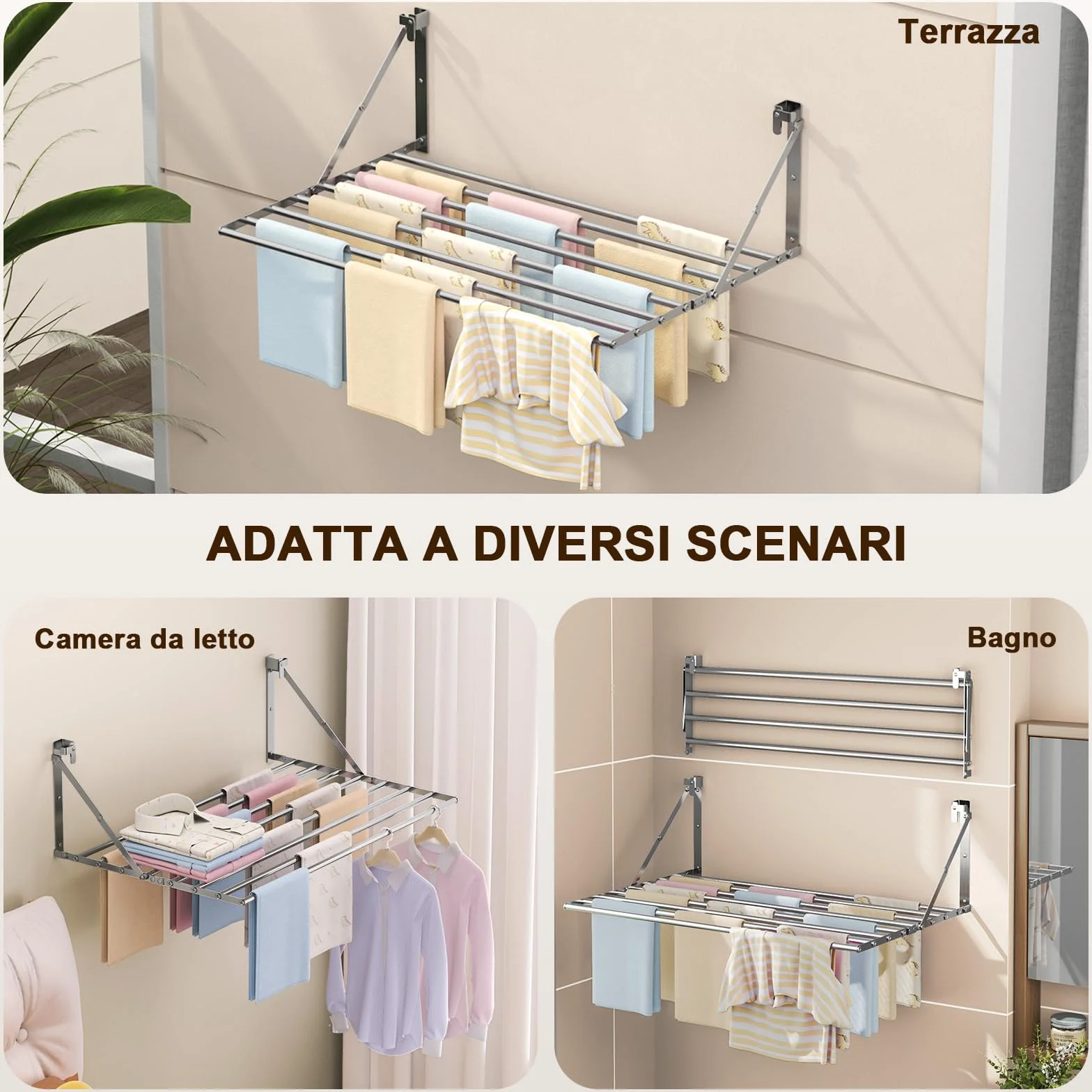 Innotic Stendibiancheria da parete 80 cm 8 barre pieghevole resistente alla ruggine per esterni argento