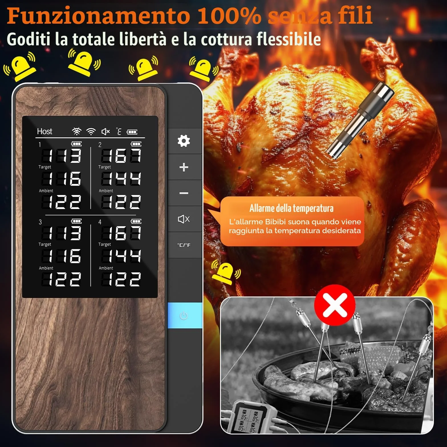 Termometro Carne Confezione da 4, Termometro BBQ con APP, IP67 Impermeabile Termometro Carne Wireless per Barbecue, Forno, Griglia, Cucina, Girarrosto