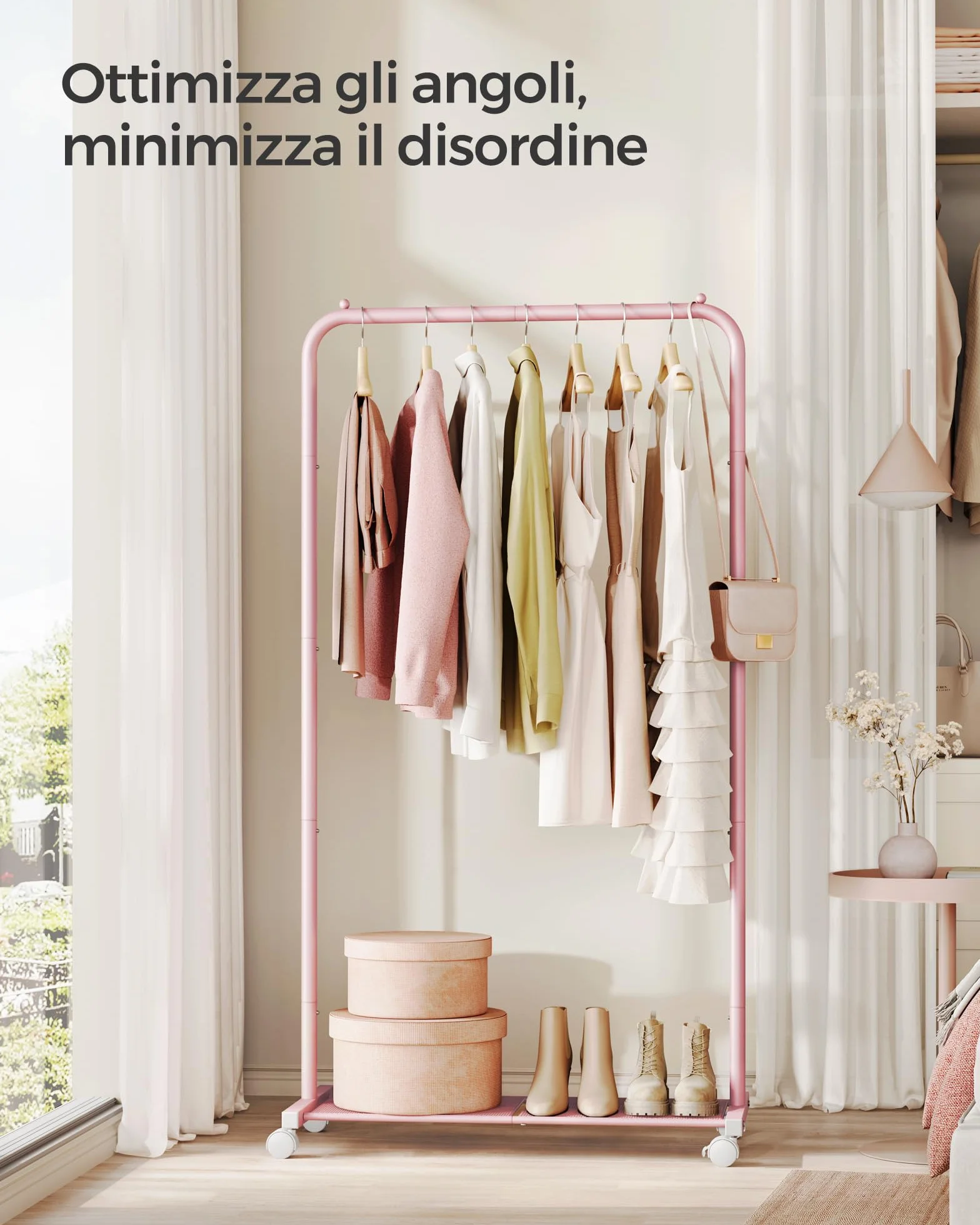 SONGMICS Appendiabiti con Ruote 74 cm 35 kg Metallo Rosa Pastello HSR130R01