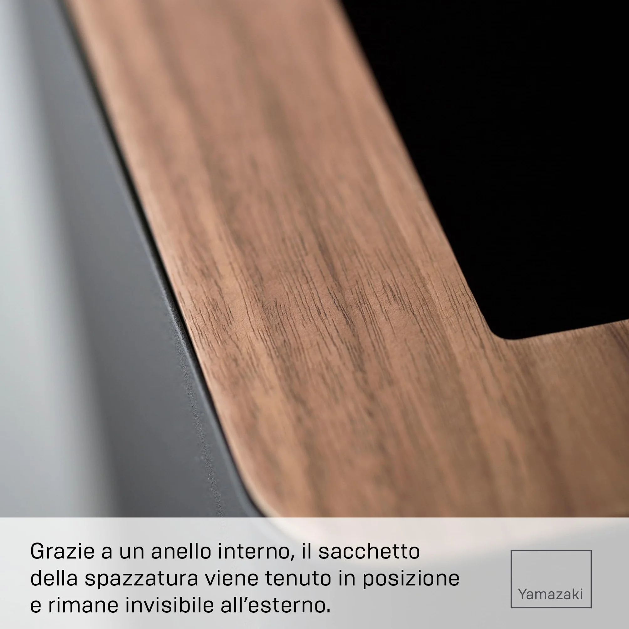 YAMAZAKI 3195 RIN Pattumiera rettangolare nero acciaio legno 28x15x30 cm
