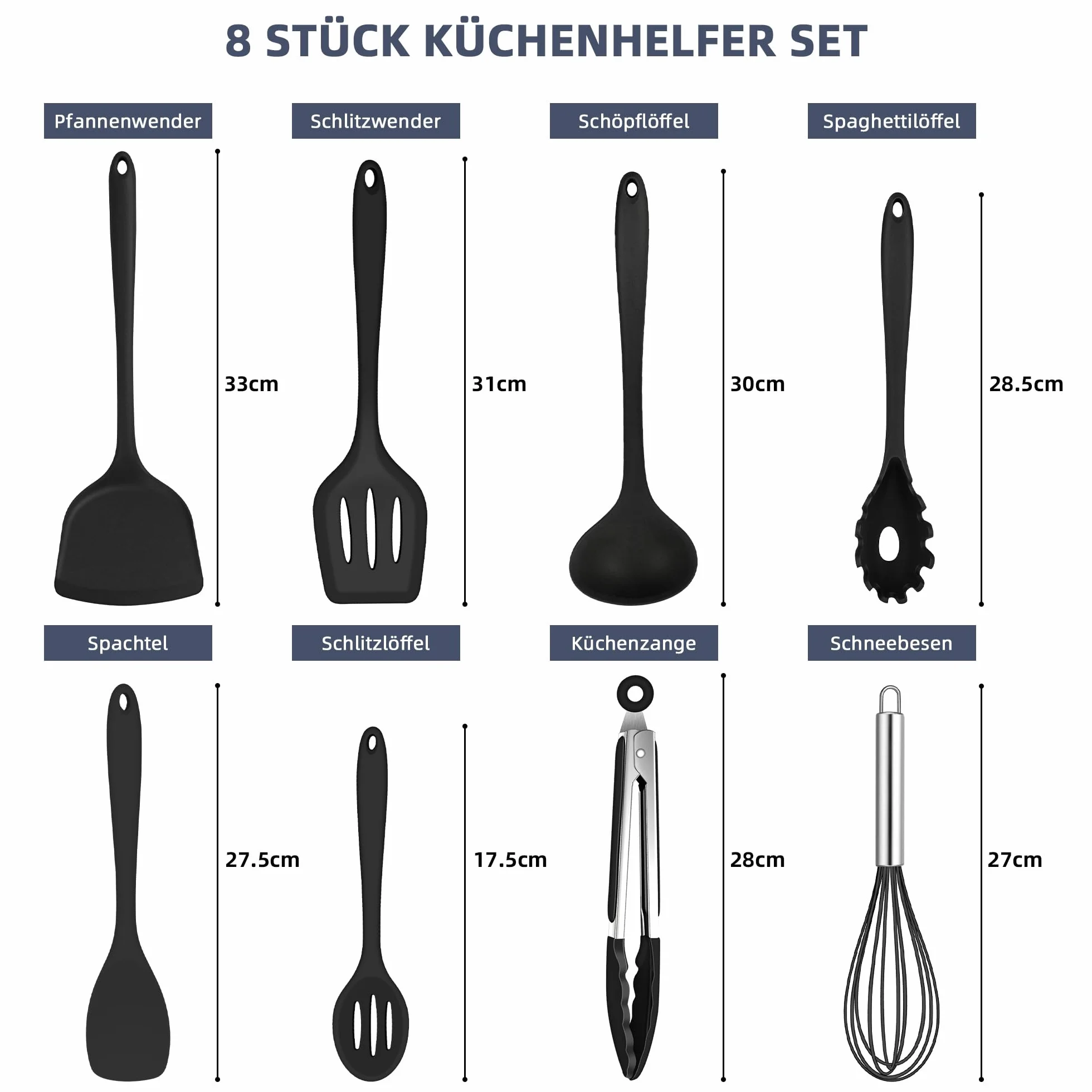 HaWare Set di 8 utensili da cucina (8, nero)