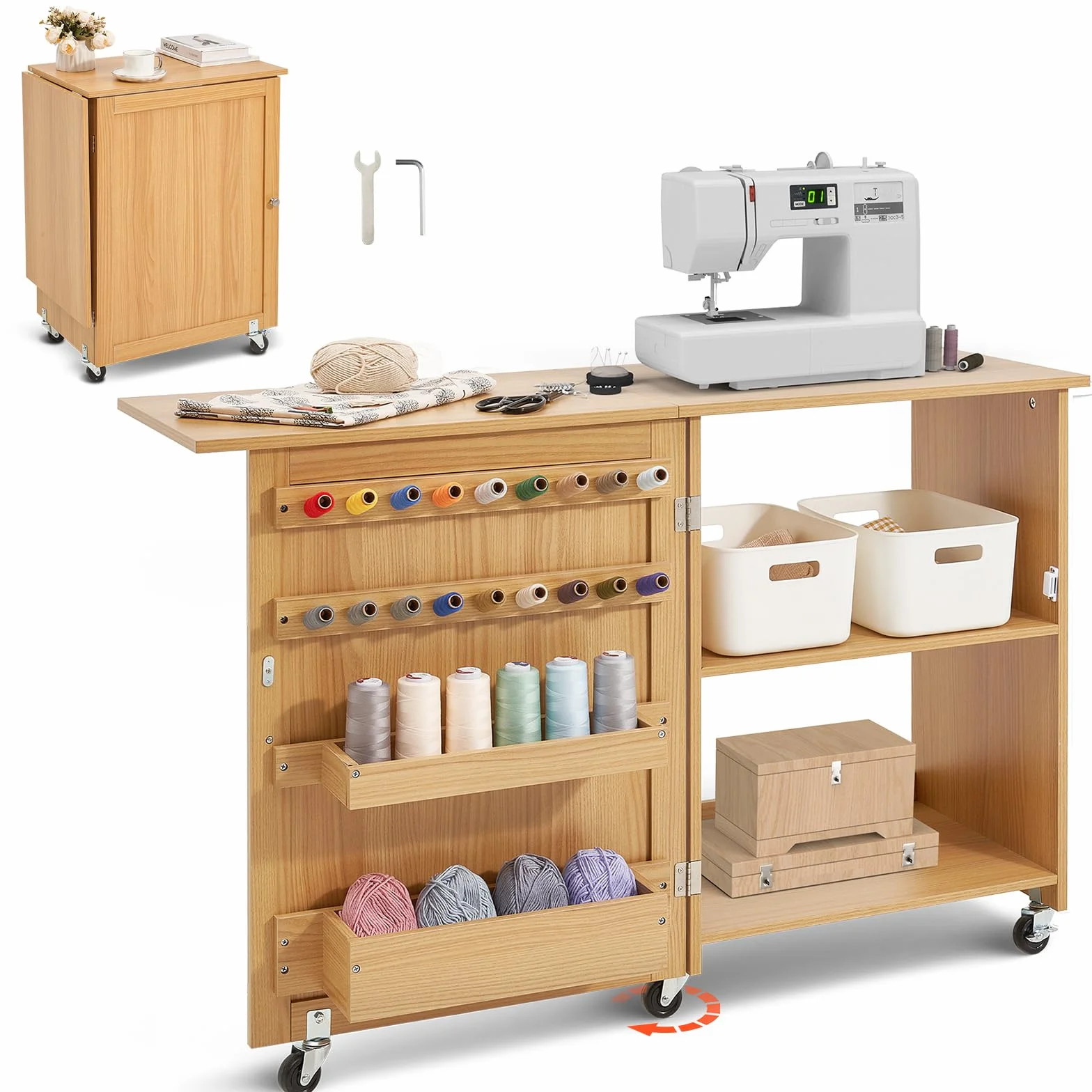 VEVOR Tavolo da Cucito Pieghevole, Tavolo Multiuso per Macchina da Cucire Design Compatto a Rotelle Piano Vassoio Portaoggetti, Pioli in Legno Ante Magnetiche, Mobiletto per Macchina da Cucire
