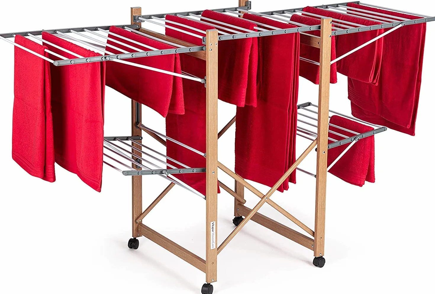 VITAPUR House Care XXL Stendibiancheria con Ruote - Stendino 2 Livelli 21m - Pieghevole 12cm Effetto Legno - Stendibiancheria da Terra Mobile Interno Esterno - 25kg Portata 136x69cm Salvaspazio