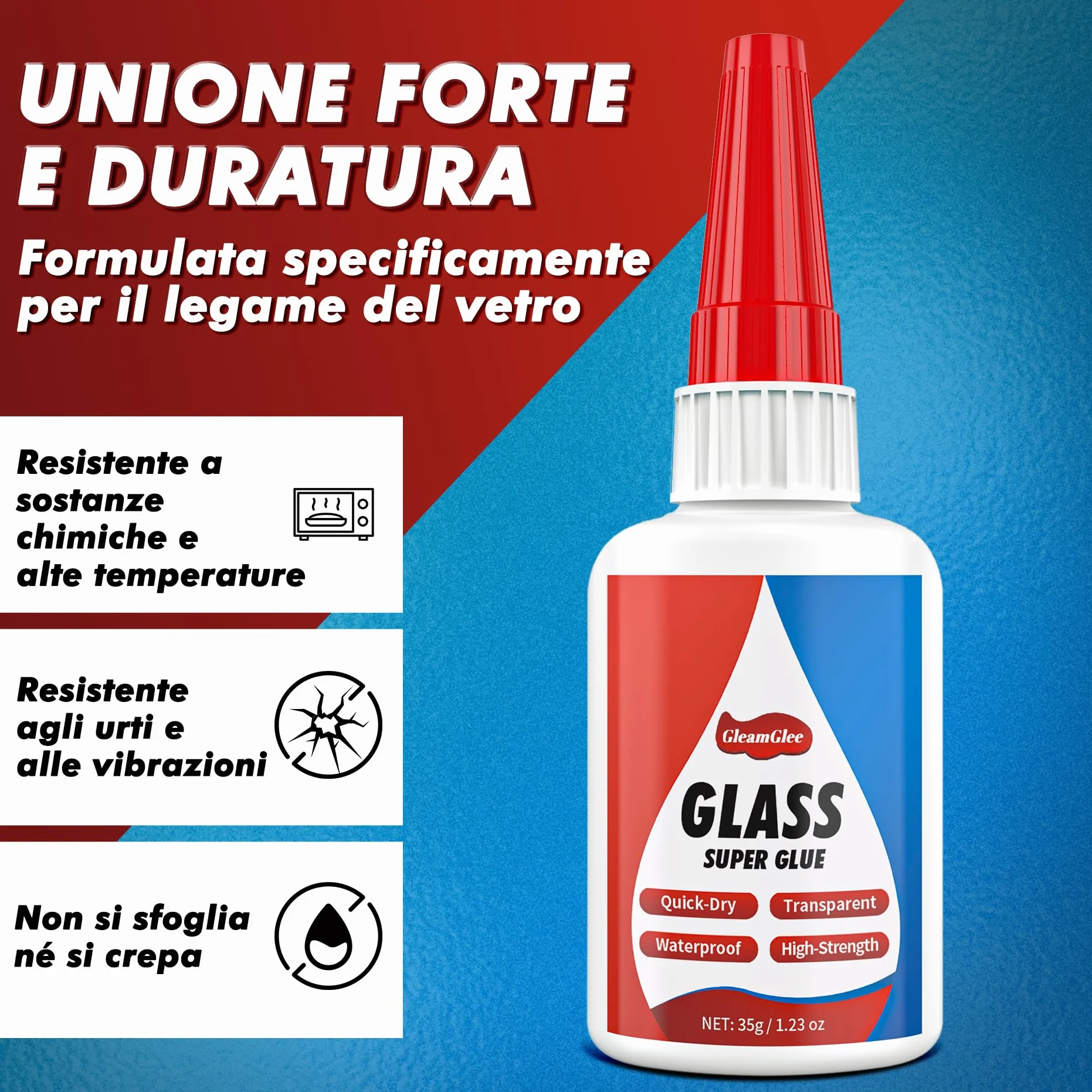 Colla per Vetro 35g Adesivo Istantaneo Trasparente Impermeabile per Acrilico Specchi Cristallo