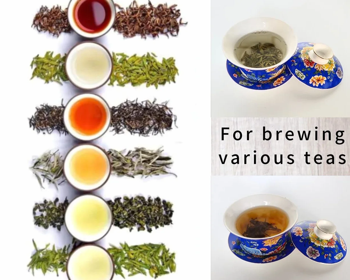Porcellana Gaiwan Tazza da Tè Cinese con Coperchio e Piattino, Blu Fiori, 300 ml, Set Tè o Caffè