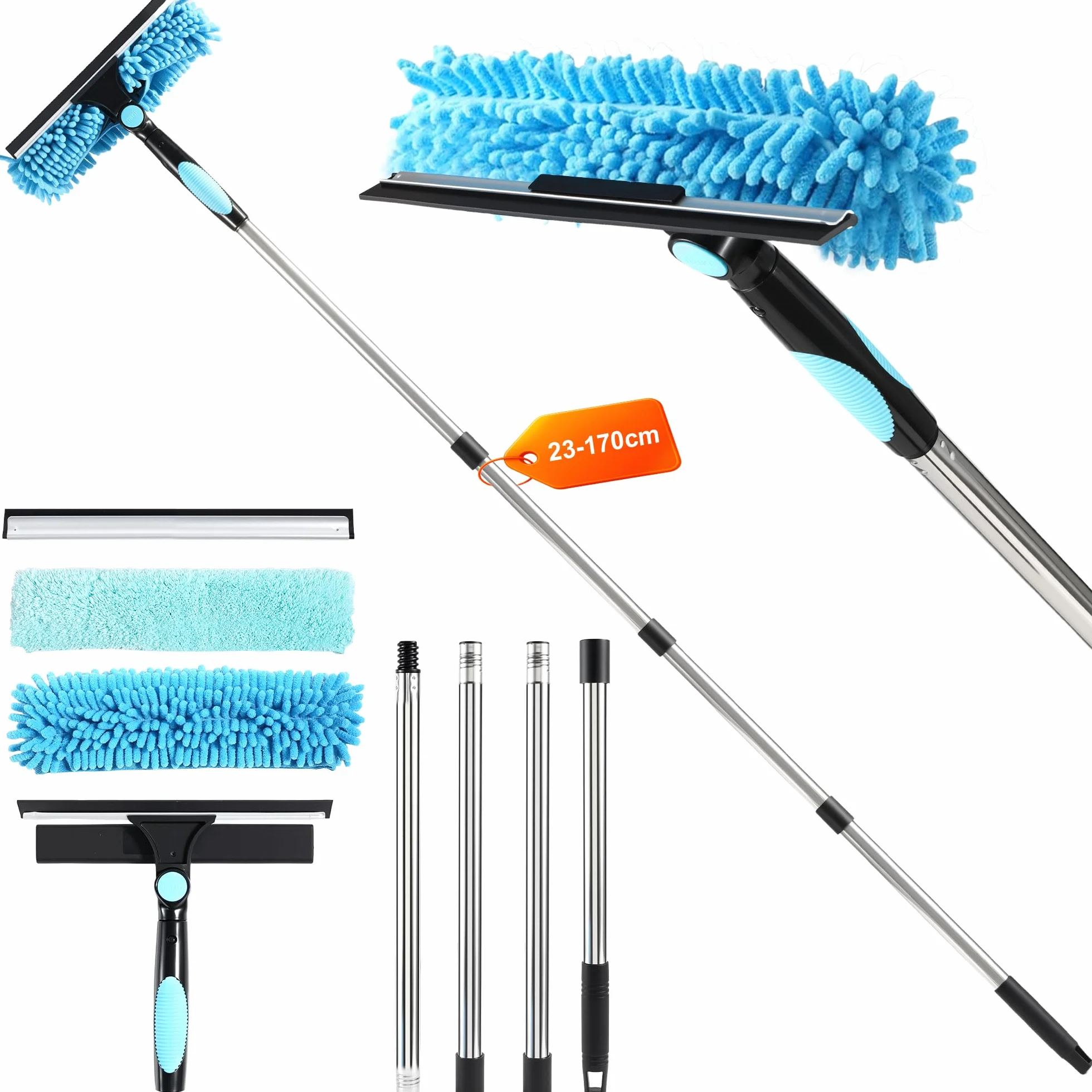 Lavavetri 3 in 1 Professionale con Manico Telescopico 170 cm, Tergicristallo Staccabile per Vetri e Finestre Alte
