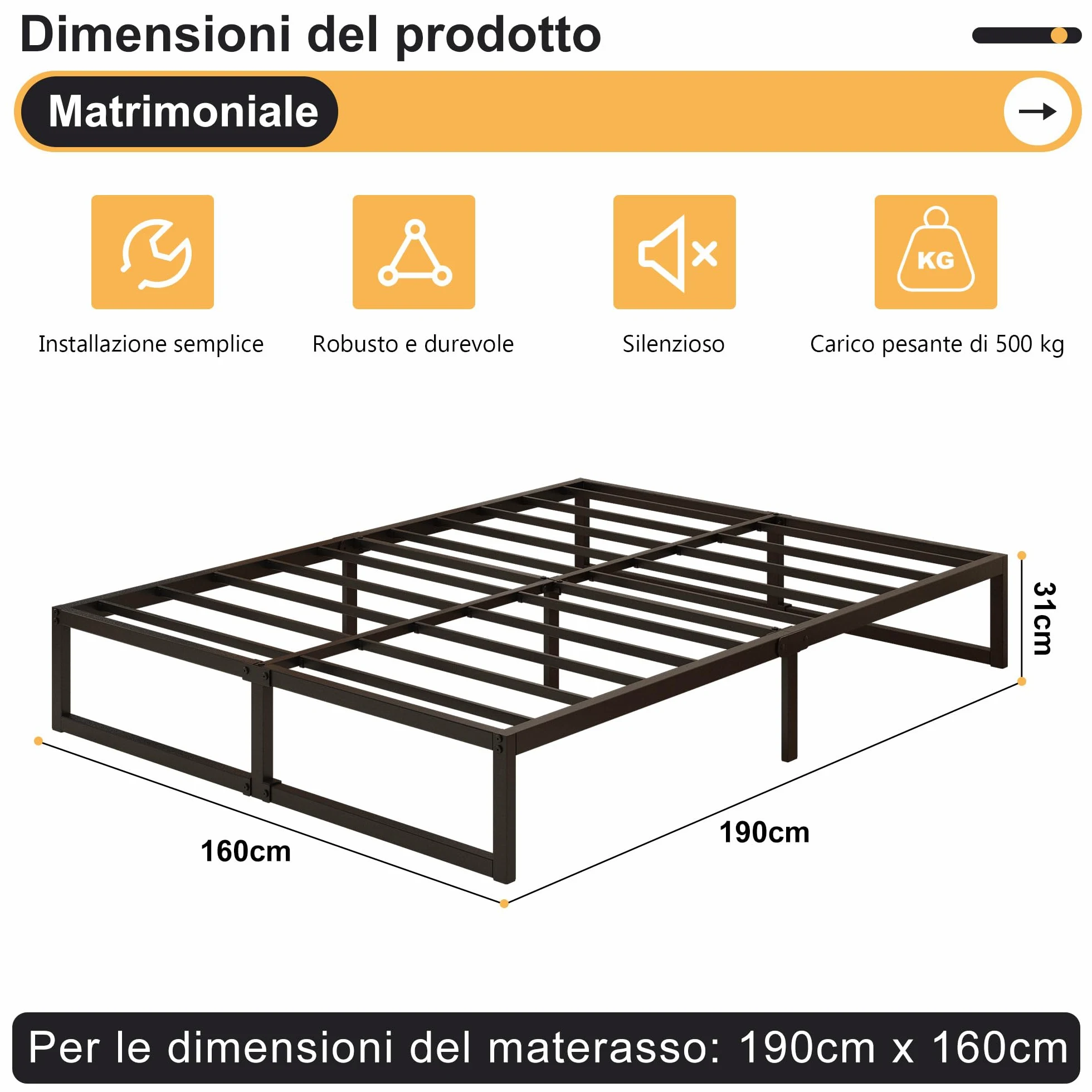 Yicensen Struttura Letto Matrimoniale 160x190 cm, Struttura Letto in Metallo, Supporto Solido, Facile da Montare, Design Silenzioso, Stile Moderno e Minimalista, Altezza 30 cm, Nero