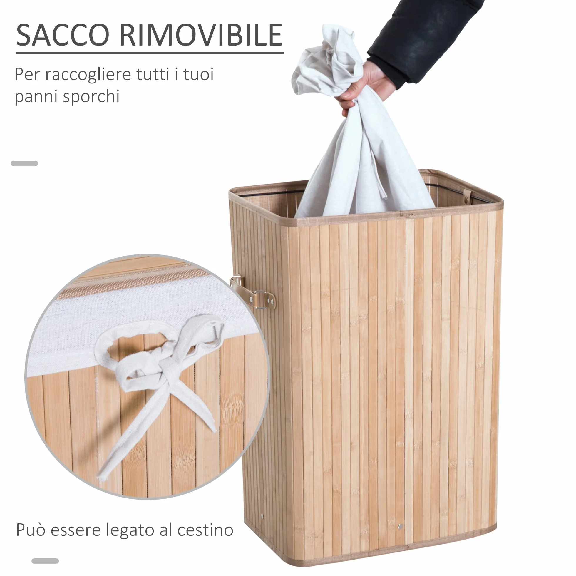 HOMCOM Cesto Portabiancheria in Bambù con Coperchio, Cestino per Biancheria con Sacco in Tessuto Rimovibile, 40x30x60cm, Naturale