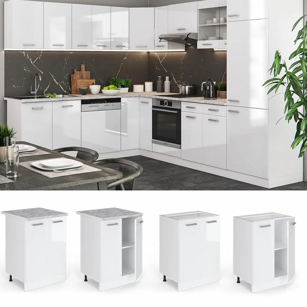 Vicco Mobiletto base cucina R-Line, Bianco lucido, 60 cm senza piano di lavoro, per la libera combinazione all'interno di sistemi cucina modulari