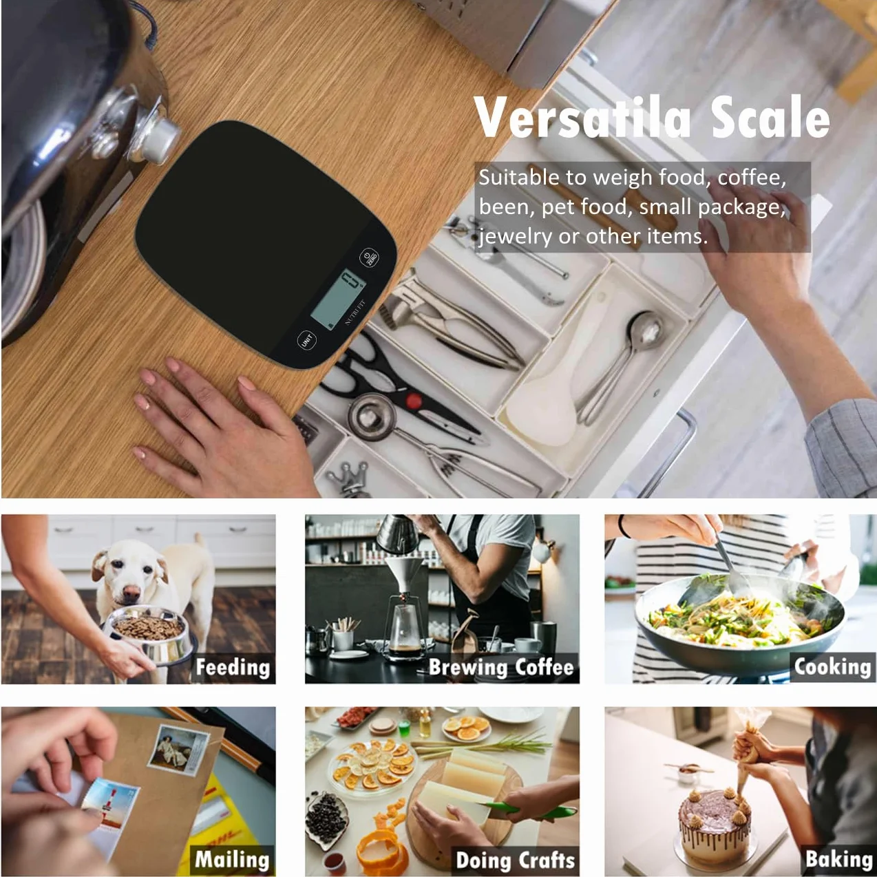 NUTRI FIT Bilancia digitale da cucina ultra sottile Bilancia elettronica multifunzione Bilancia da cucina grande display in plastica piattaforma 5kg/11lb-1g lb.oz fl.oz g ml (nero)