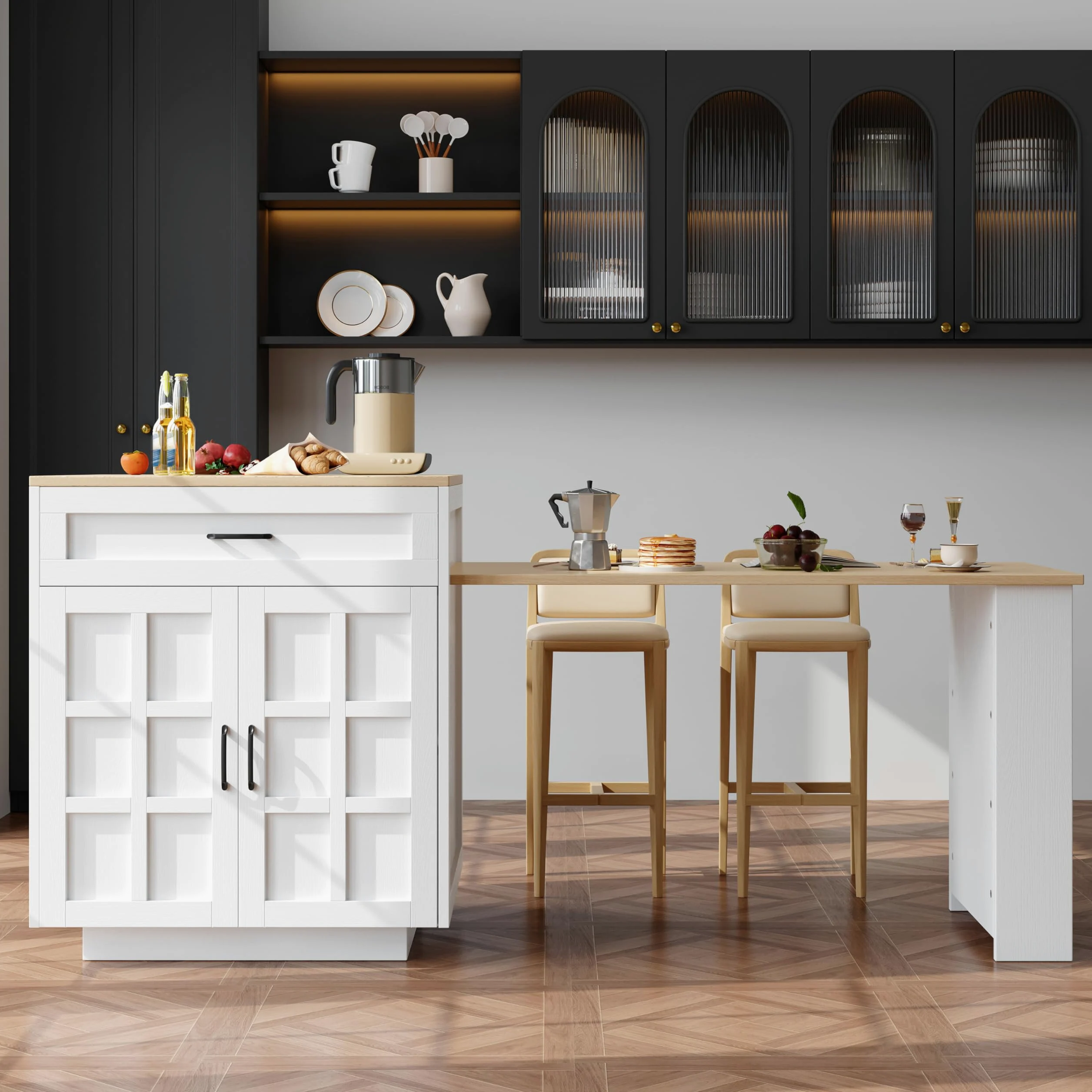 Bladez Isola cucina piano lavoro espandibile, tavolo da cucina allungabile 2-6 persone, tavolo bar con ripiani laterali e cassetti, penisola cucina, angolo bar, nero