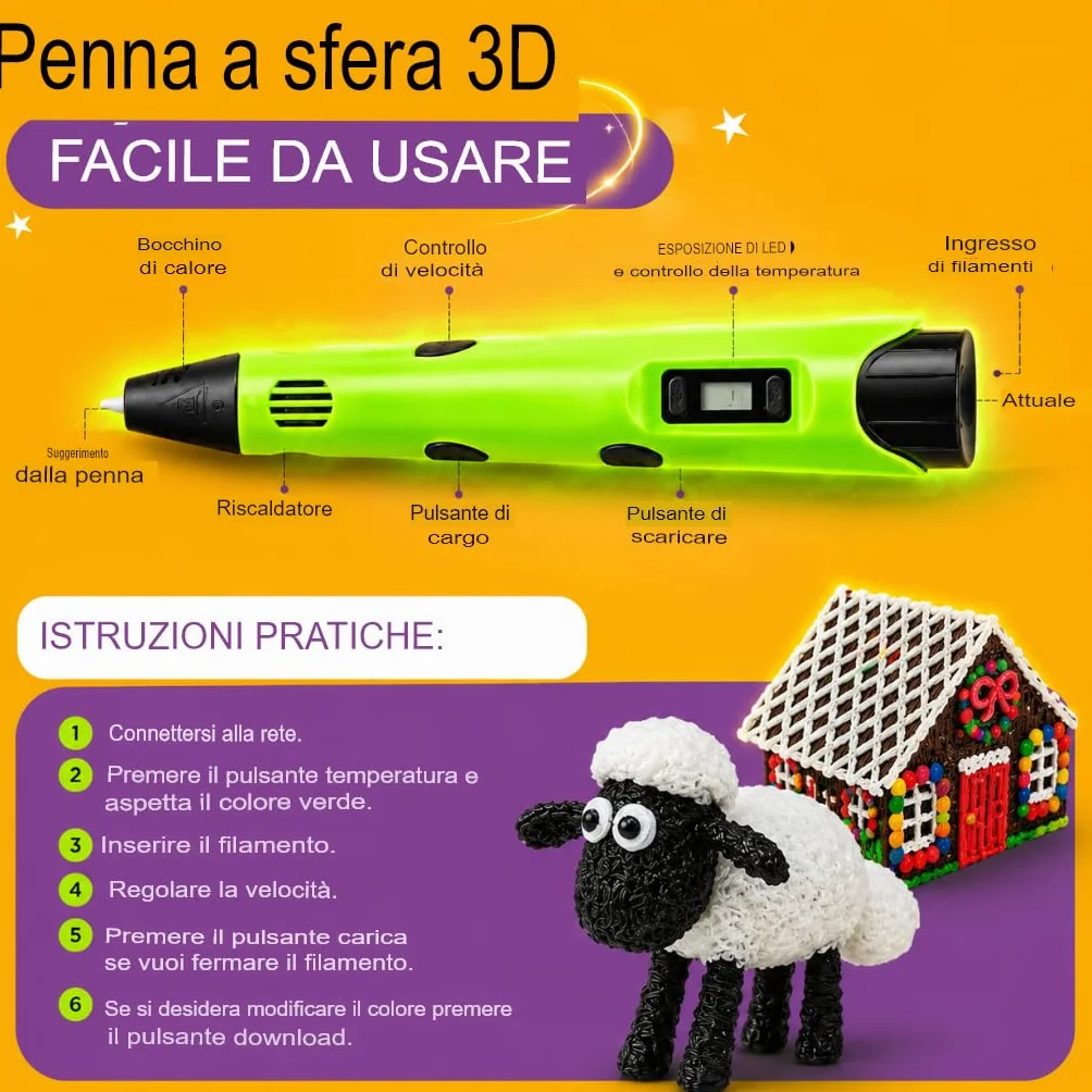 Penna 3D con filamento PLA, display LCD, temperatura e velocità regolabili, borsa per trasporto