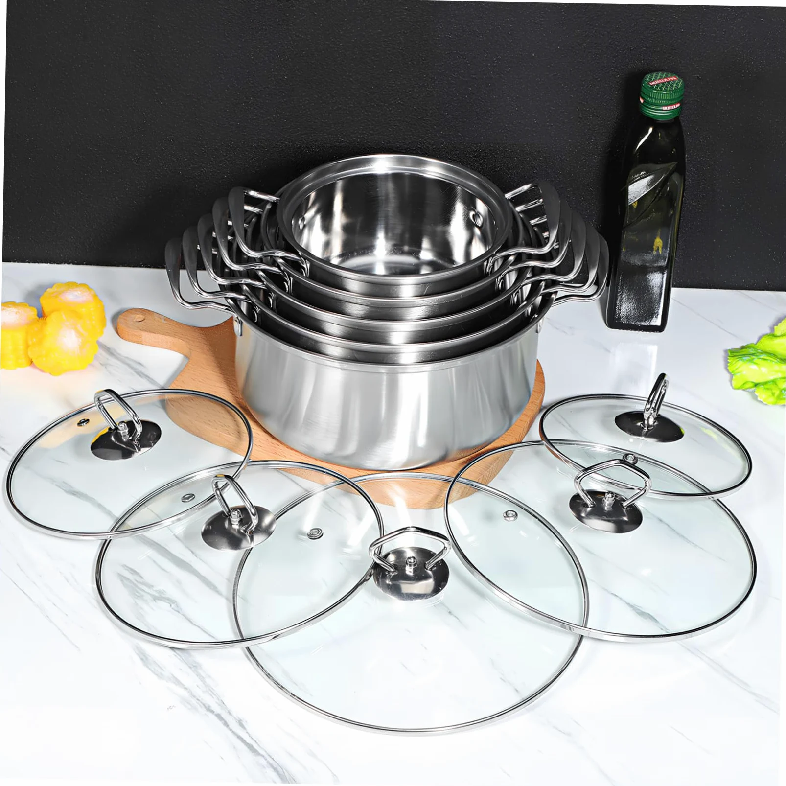 TOYANDONA Set Pentole per Brodo e Stufato in Acciaio Inox con Coperchi in Vetro, Pentole a Induzione Doppio Manico, 10 Pezzi per Cucina Domestica e Preparazione Zuppe