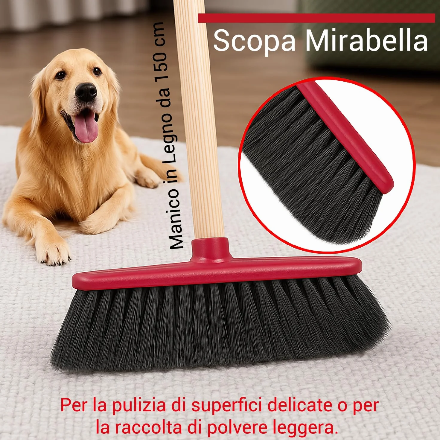 Crisalide SET PULIZIA CASA PIPPO Scopa Classica Setole EXTRA-MORBIDE Manico Legno 130cm Spazzolone Setole RIGIDE