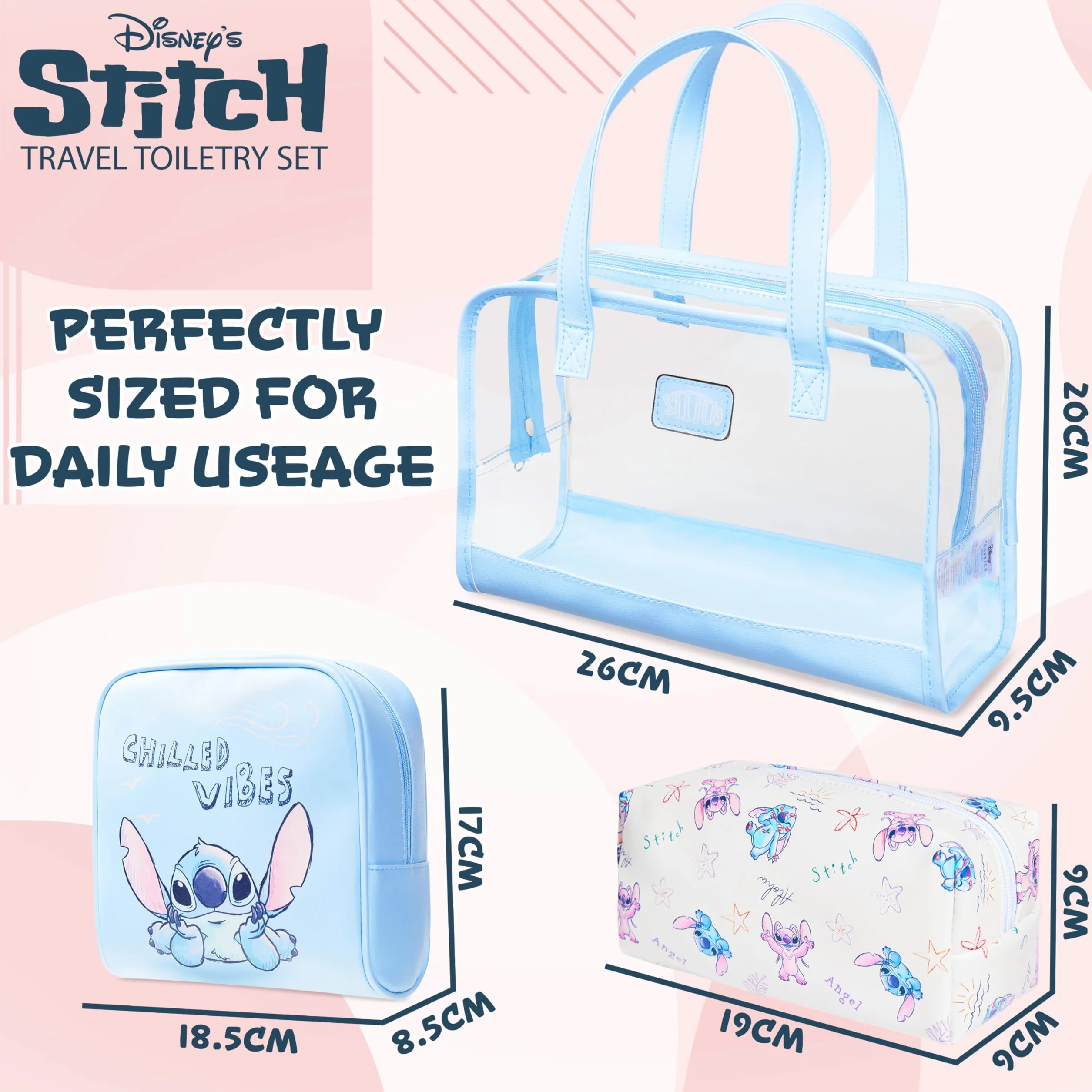 Get Trend Disney Stitch Beauty Case Donna Ragazza, Set 3 Pezzi Borsa Trasparente, Pochette e Porta Trucchi, Beauty da Viaggio per Make Up (Blu Stitch)