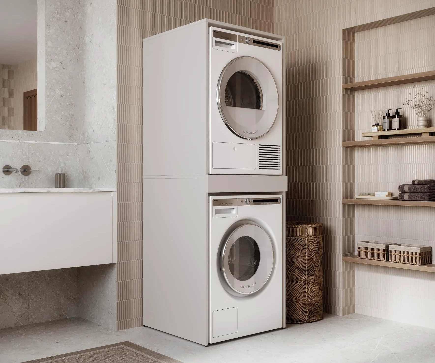PLATAN Room Lavatrice asciugatrice con ripiano estraibile • Armadio sovrapiano 187 x 65 x 66 cm (cashmere)