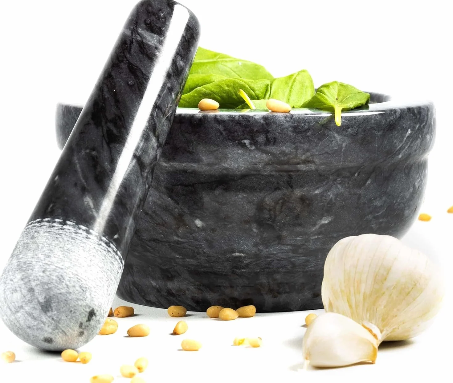 Mortaio con Pestello Marmo 15x8cm Pietra Naturale Nera per Pesto e Piante Aromatiche