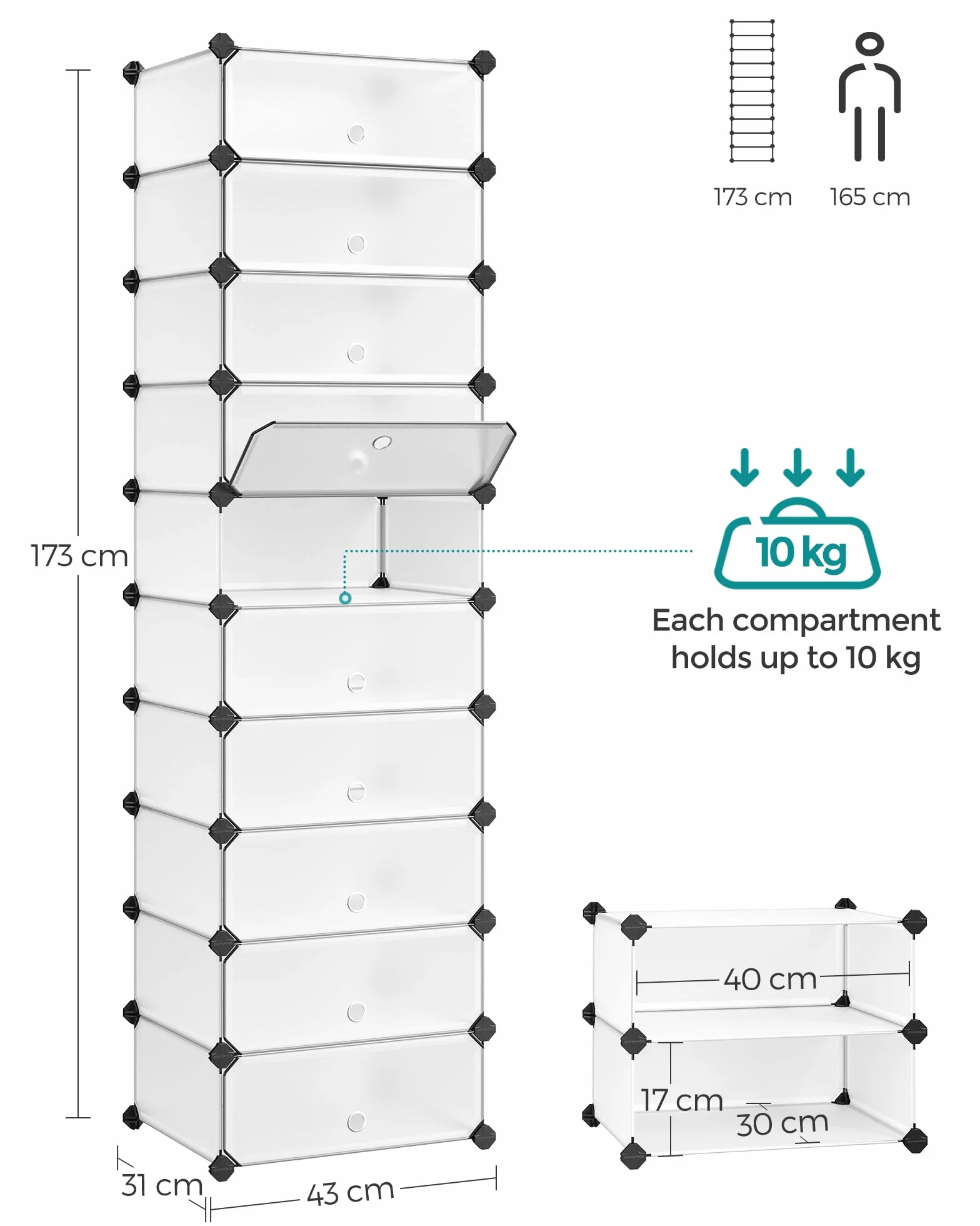 SONGMICS Scarpiera 10 Scomparti Scaffale Componibile Plastica Armadietto Portascarpe Bianco LPC10W