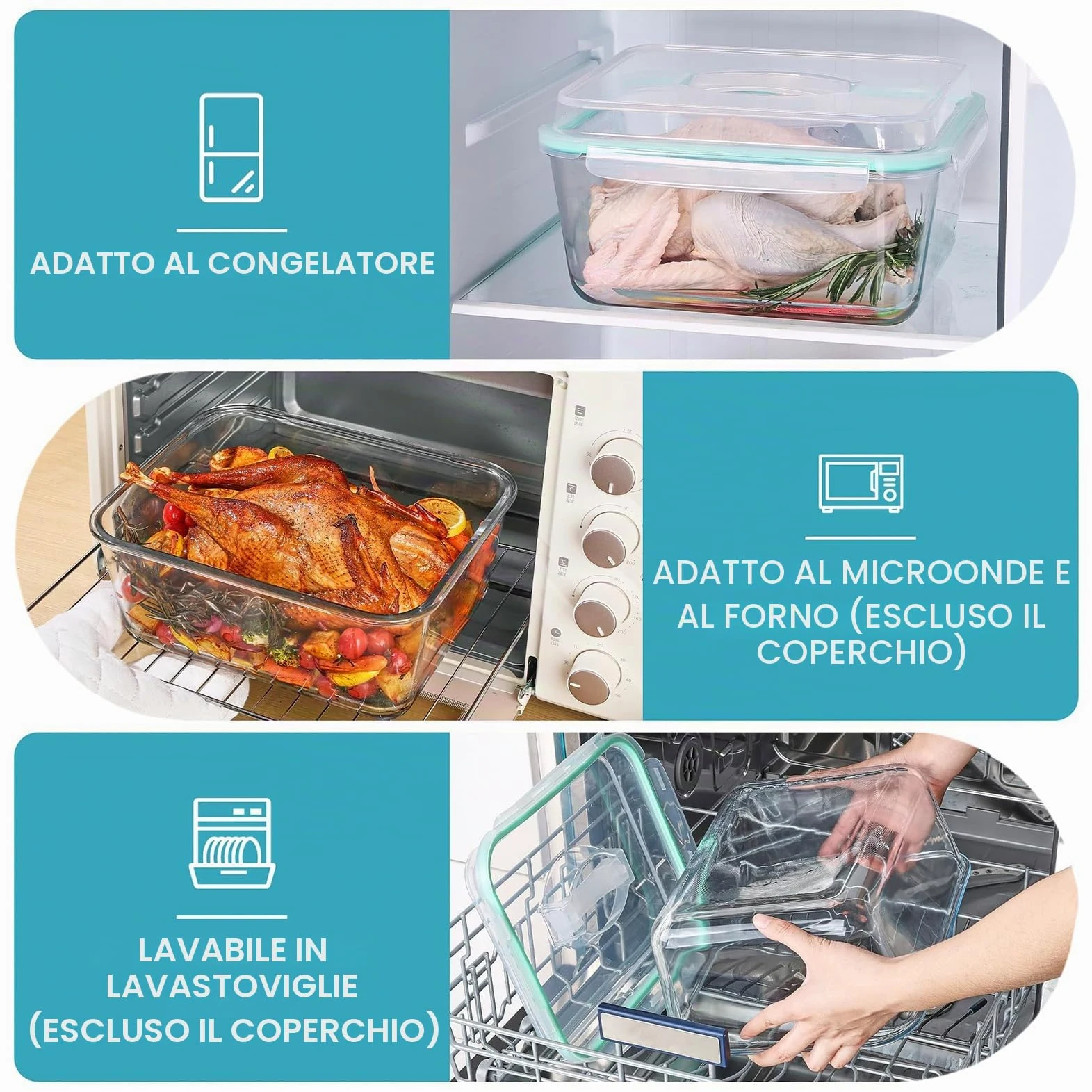 Contenitori Grandi in Vetro con Coperchio, 6 l, Ermetici, Adatti al Congelatore, Contenitori Ermetici per Alimenti per Pollo, Tacchino, Melone o Piatti di Festa