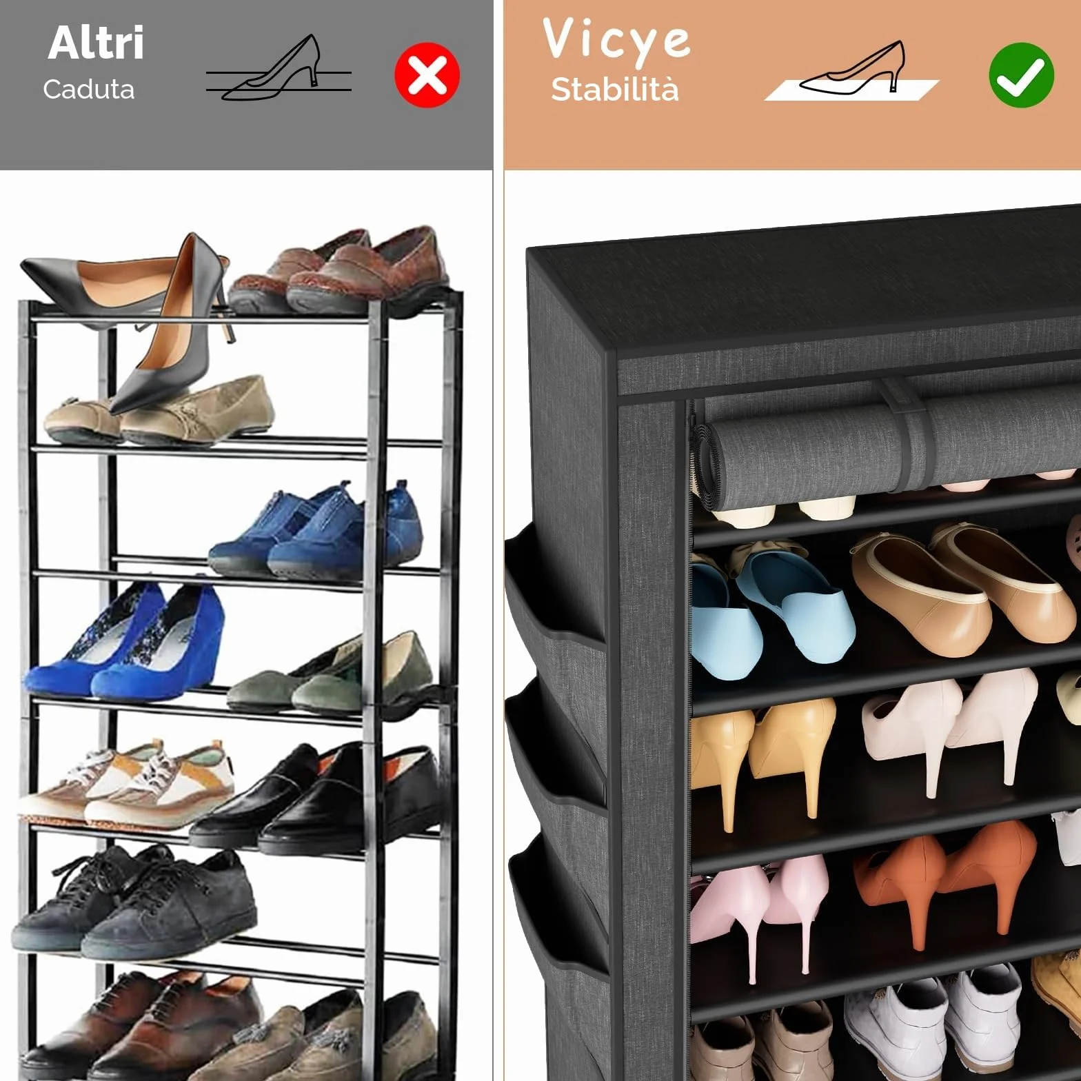 Vicye Scarpiera in Tessuto 11 Piani 36-41 Scarpe, Scarpiera Alta Slim con Copertura Antipolvere, Struttura in Metallo, Nero