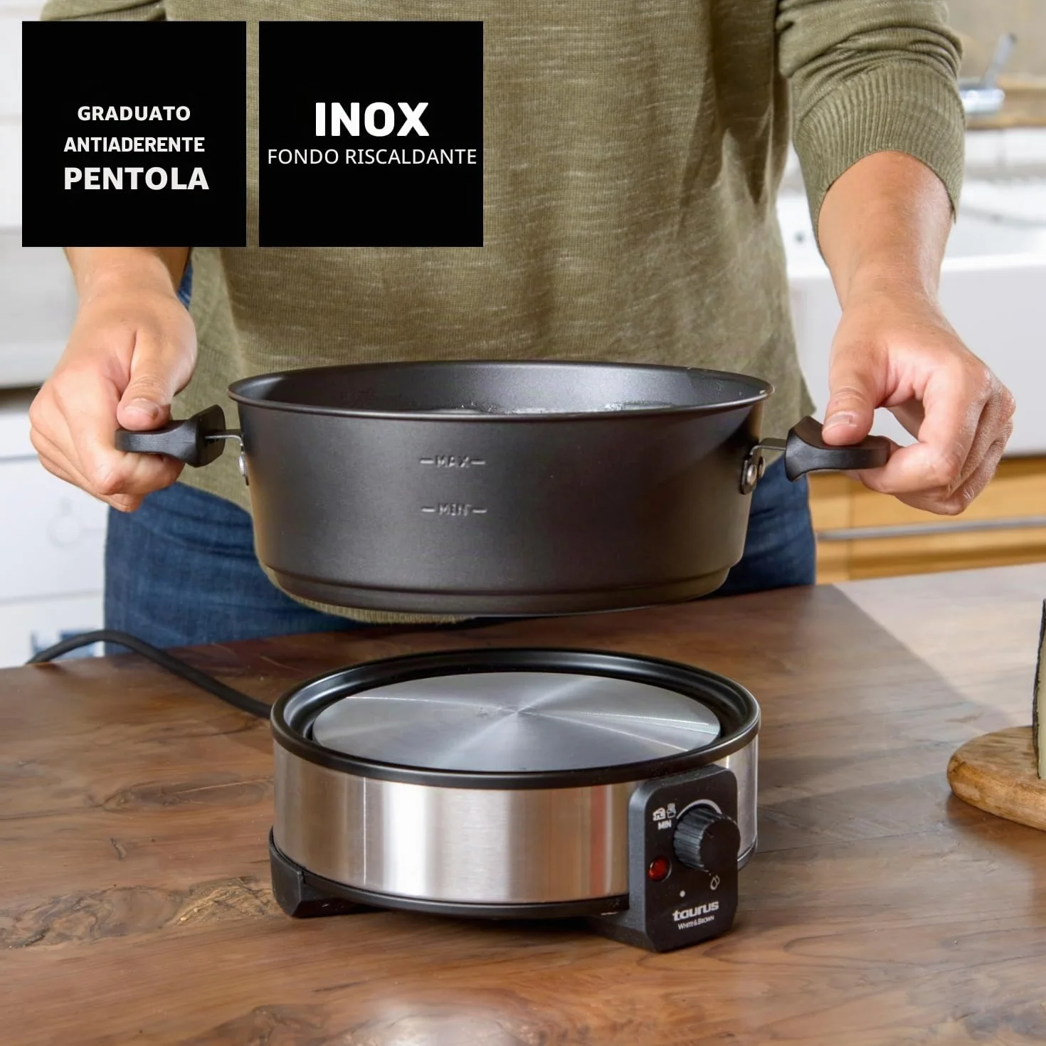 Taurus fonduta elettrica 1000W 2L termostato 200°C pentola antiaderente 8 forchette nero