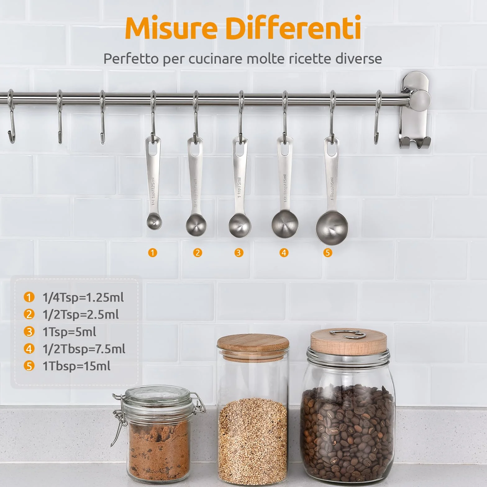 Set di 5 Cucchiai Dosatori: U-Taste Set di misurini in acciaio inossidabile 18/8 (1/4 tsp, 1/2 tsp, 1 tsp, 1/2 tbsp & 1 tbsp) per ingredienti secchi e liquidi