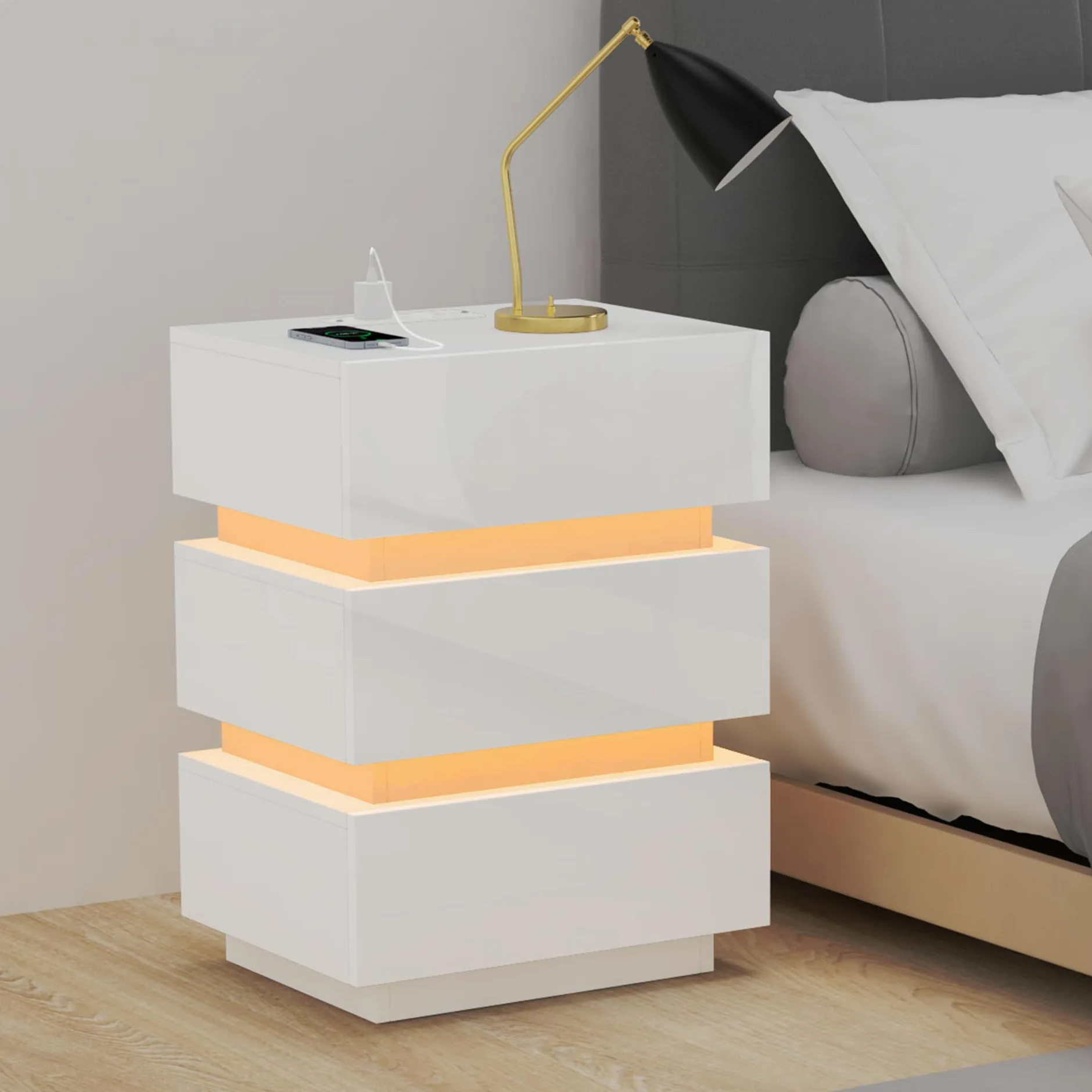 Moderno Comodino Lucido Comodini con striscia luminosa a led Bianco Comò Comodino con presa Tavolino con 3 cassetti per camera da letto, soggiorno