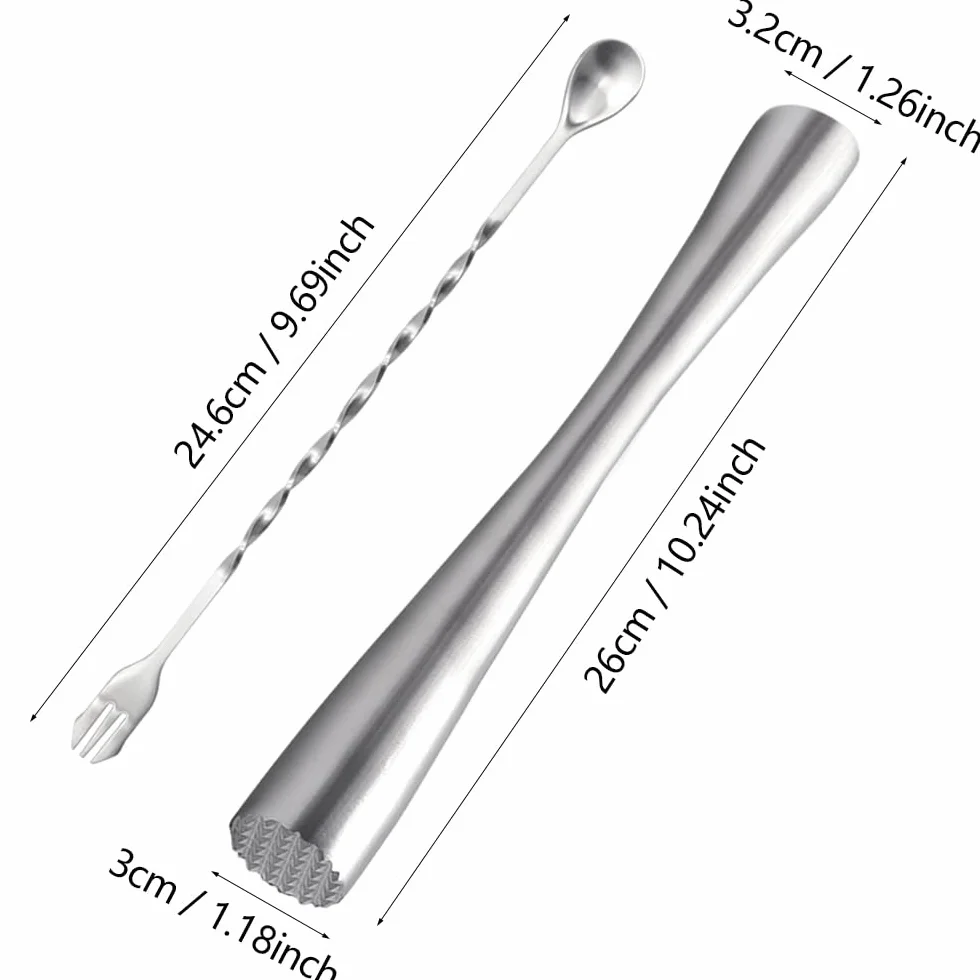 Pestello Cocktail Mojito 26CM Pestello e Cucchiaio da Cocktail in Acciaio Inox Ergonomic a Pestello Ghiaccio Adatto per Bar,Ristorante,Cucina(Argento)