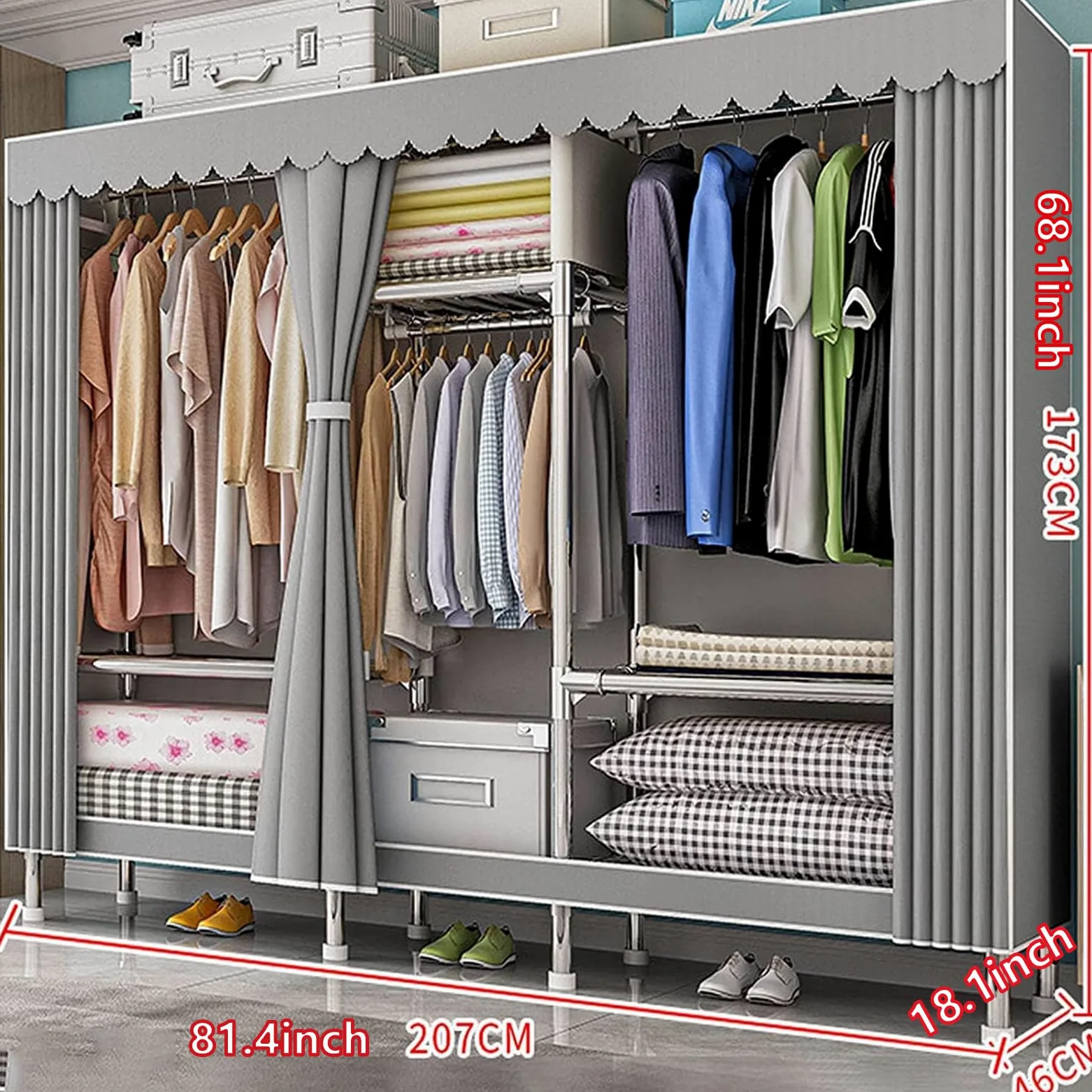 Armadio In Stoffa, Armadio Richiudibile Cabina Salvaspazio Guardaroba Non Tessuto Appendiabiti In Tessuto 207x46x173cm (Grigio)