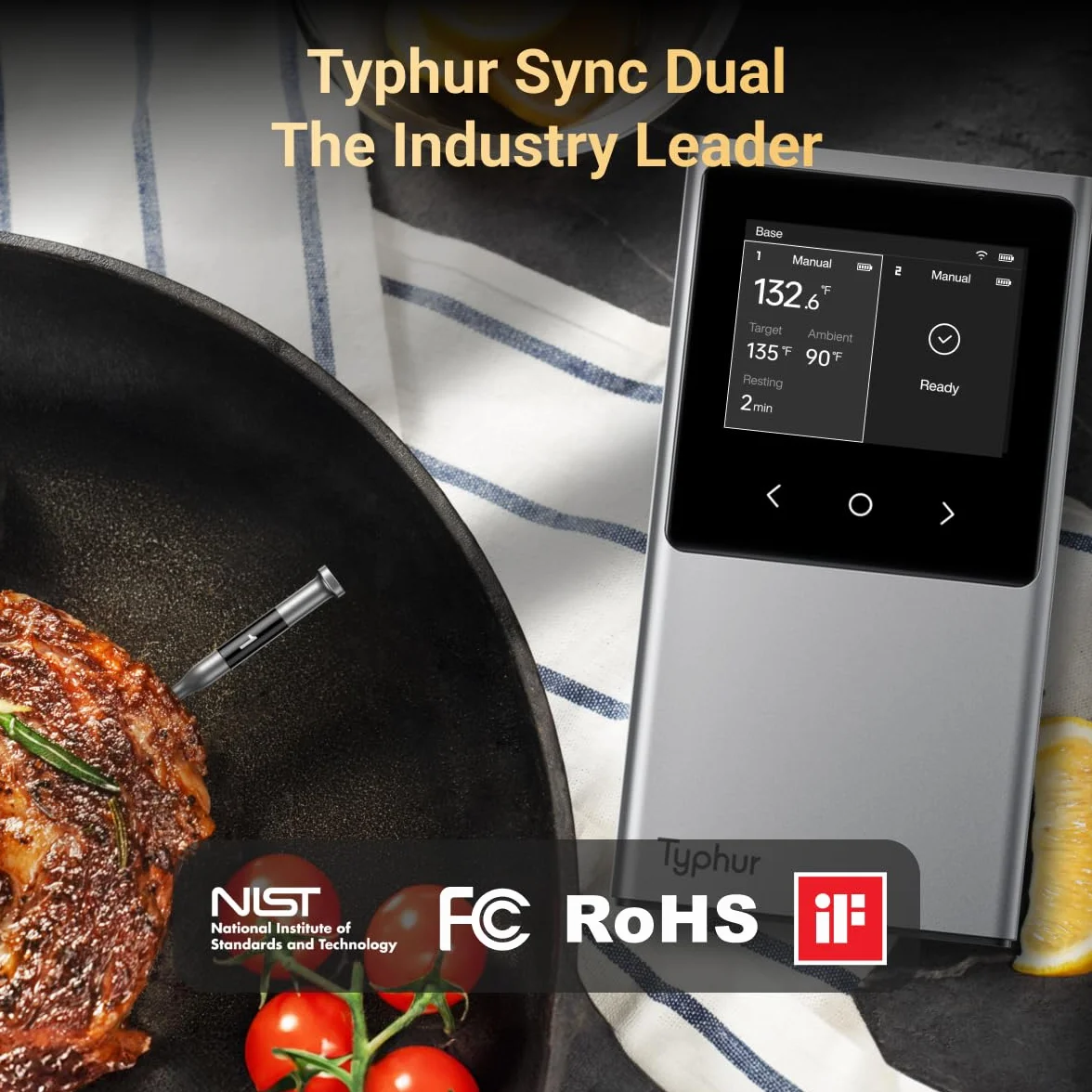 Typhur Sincronizzazione WiFi Wireless Carne Termometro Digitale, 2 Sonde, Base Intelligente, Display LCD, Portata illimitata, Bluetooth 5.4, Migliore Stabilità, Precisione Certificato NIST, BBQ, Grill