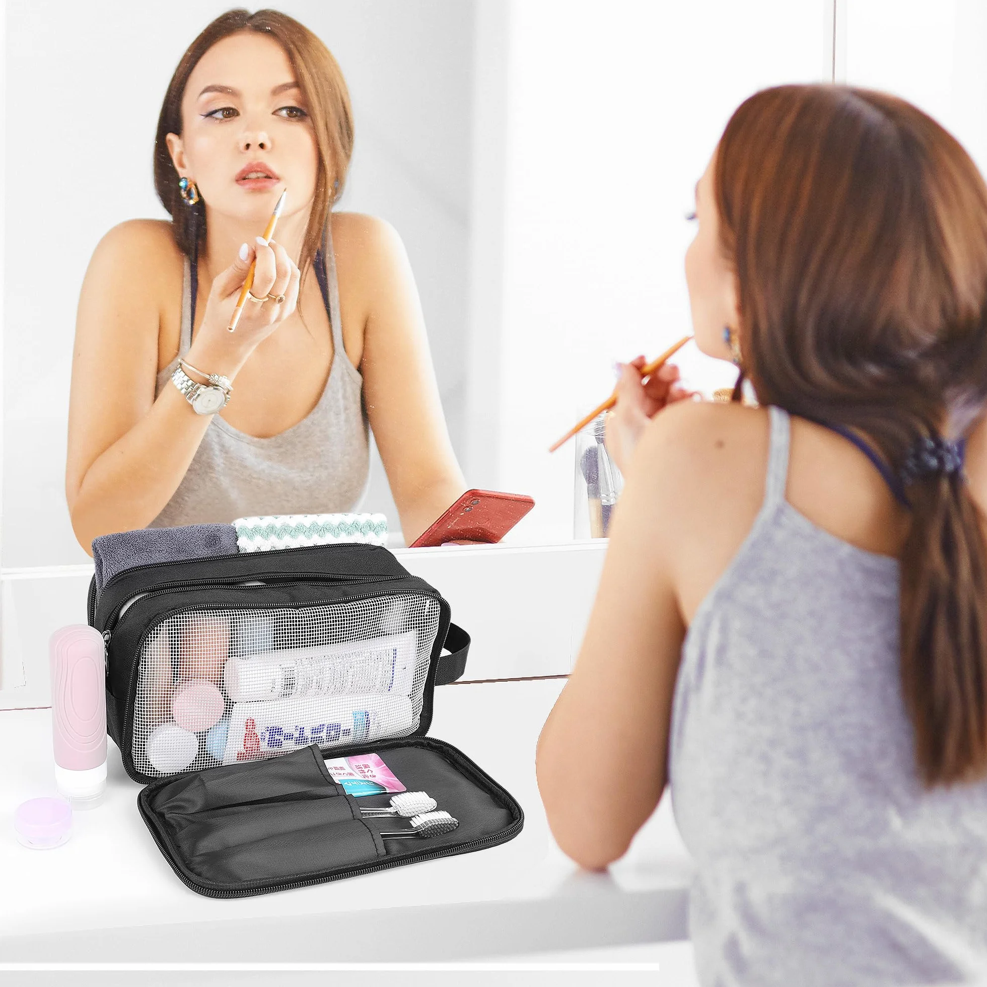 AiQInu Beauty Case da Viaggio, Borsa da Toilette da Viaggio per Donna Uomo,Impermeabile Beauty Case per Organizzare Oggetti Personali Accessori (nero)