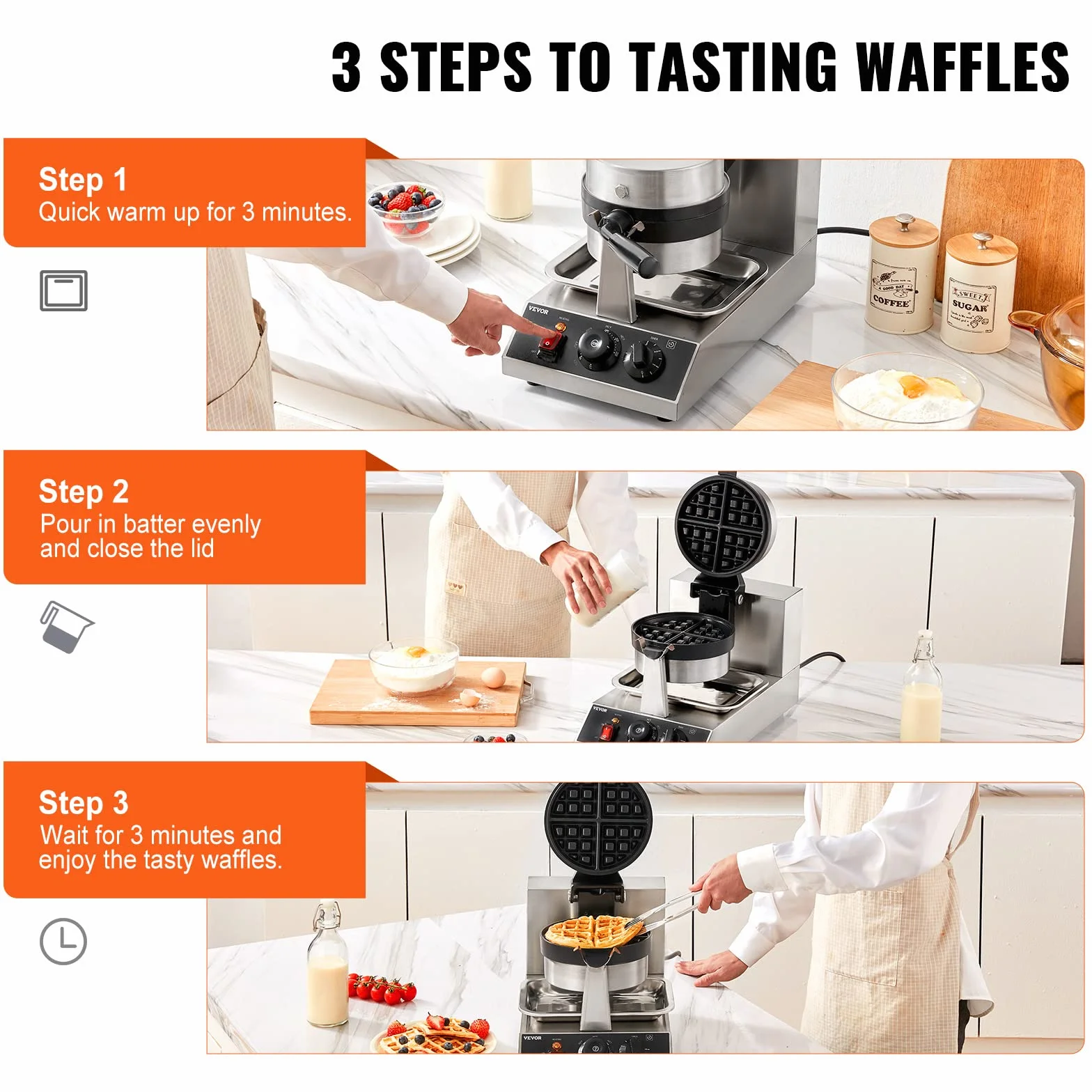 VEVOR Macchina per Waffle Belga Rotondo in Acciaio Inox Antiaderente 1300W Temperatura Controllata 50℃-300℃, Macchina Waffle Piastra Doppia Antiaderente Teglia 190,5 mm con Manico Girevole in Acciaio