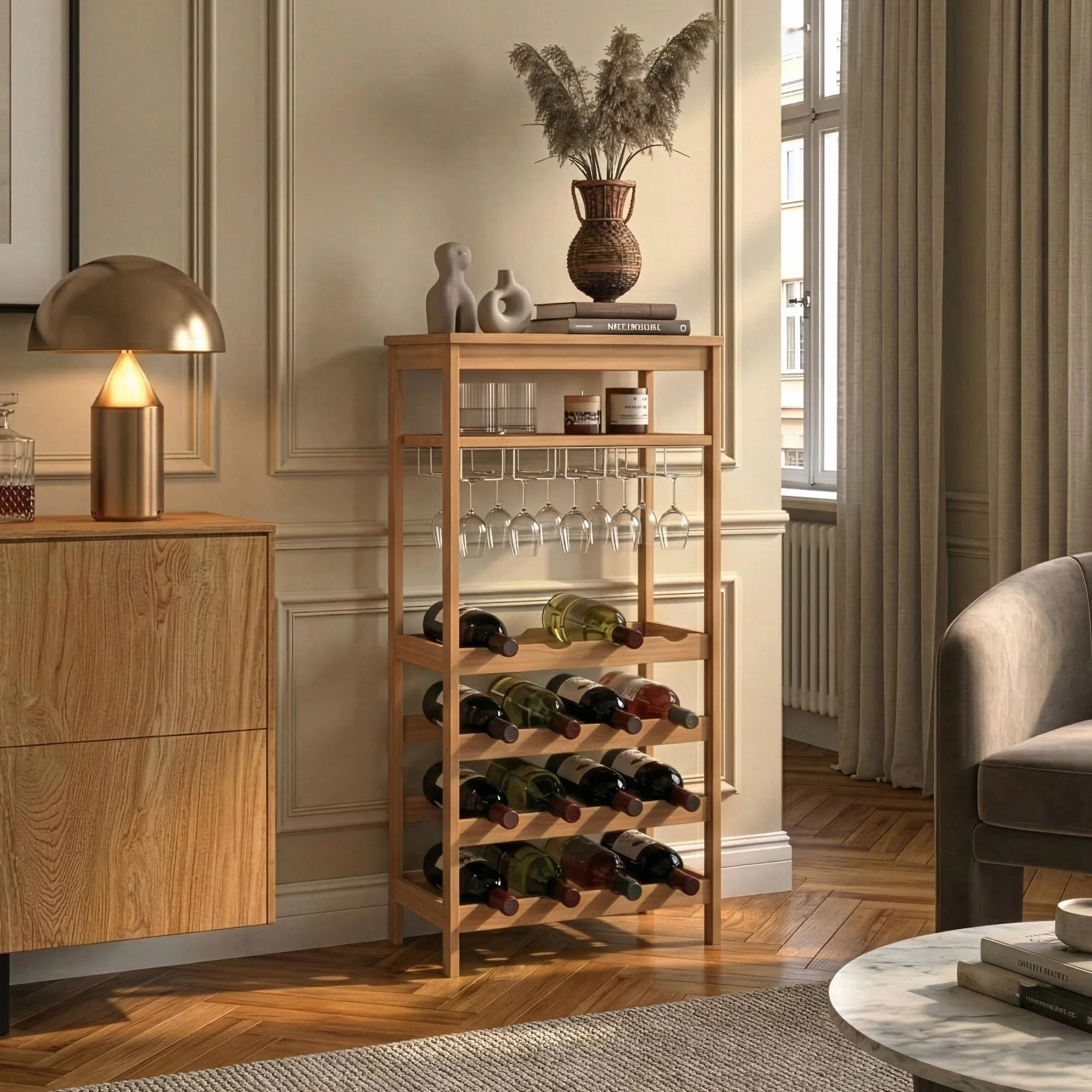 [en.casa] Cantinetta Mobile Portavino per 16 Bottiglie Scaffale Porta Bottiglie da Vino con Portabicchieri e Scomparto Aperto Soggiorno Sala da Pranzo 100 x 47 x 29 cm in Bambù Naturale